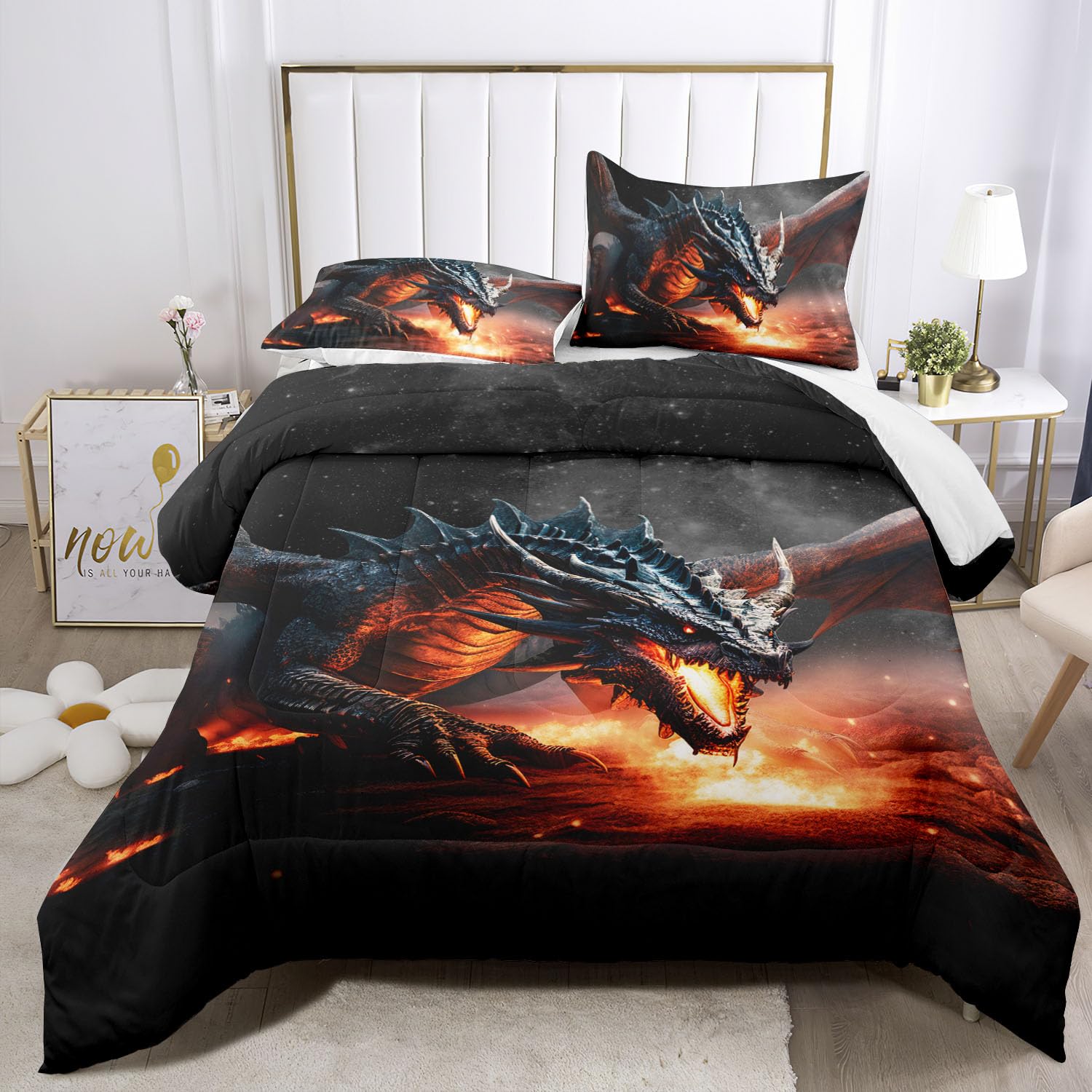 Raphus cucullatus 3D Dragon Cartoon Queen Bedding Sets for Boys,Dragon Comforter Set Queen Size,Dragon Bedding Set Queen,Boys Bedding Sets Queen,Ancient Wild Animal Dragon Pattern Bedding Set