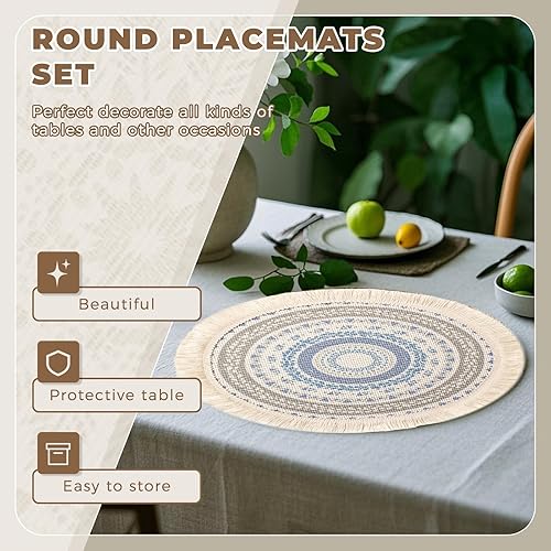 Miniatura 3 de RIOOP Juego de 4 manteles individuales redondos trenzados, lavables, resistentes al calor, antideslizantes, de algodón y poliéster, bohemios,
