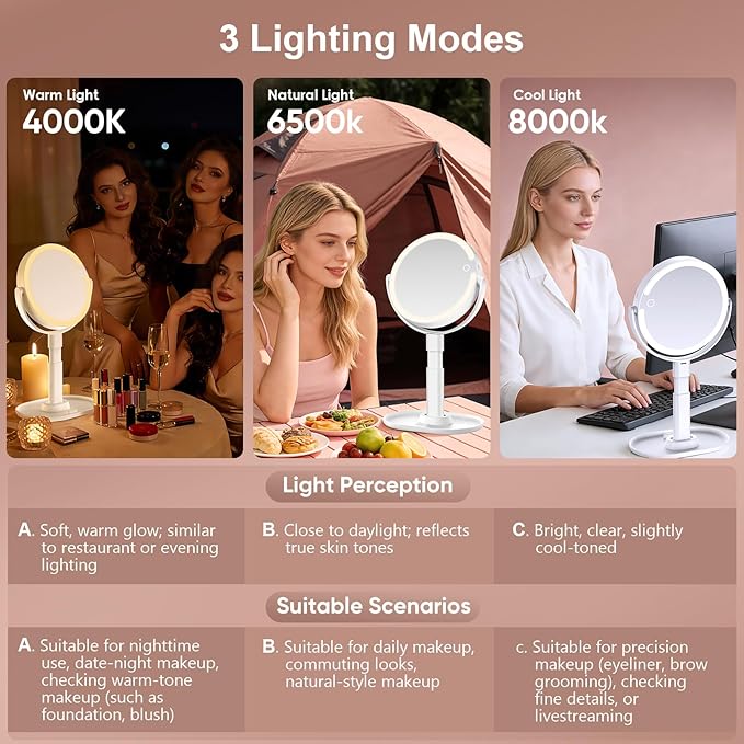 Espejo de Maquillaje con Luz y 10X Aumento, Espejo de Vanidad LED Recargable miniatura 3