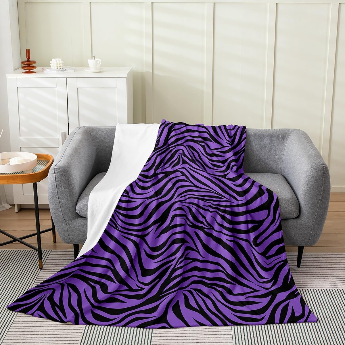 Zebras Skin Flannel Blanket for Boys Girls Kids Super Soft Warm Black Purple Stripes Fleece Blanket Zoo Animal Fur Throw Blankets Zebra Bed Blanket Gifts for Teens Women(Queen 90"x90")