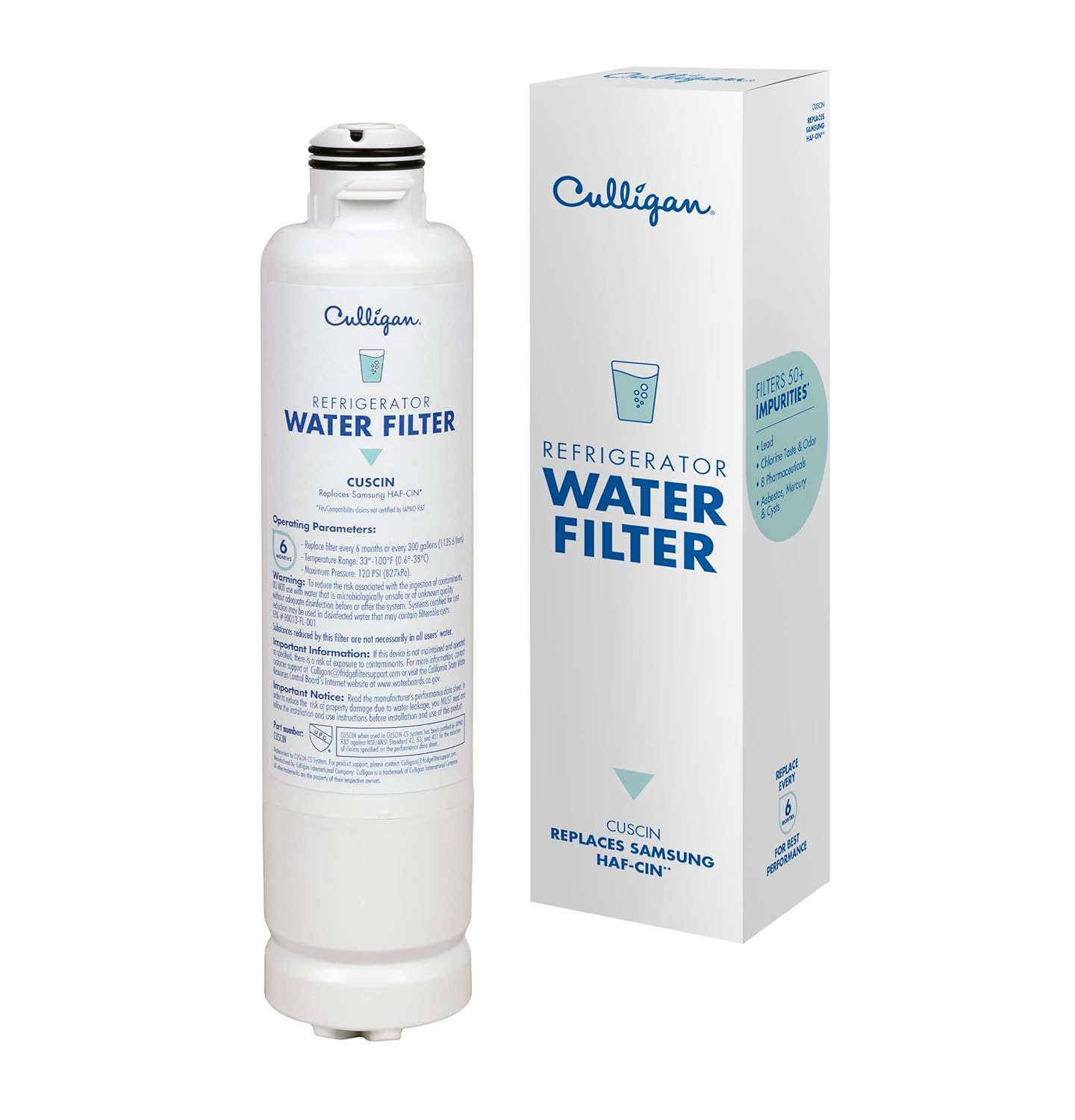 Culligan CUSCIN Refrigerator Water Filter Replacement for Samsung Water Filter HAF-CIN Replace Every 6 Months Pack of 1