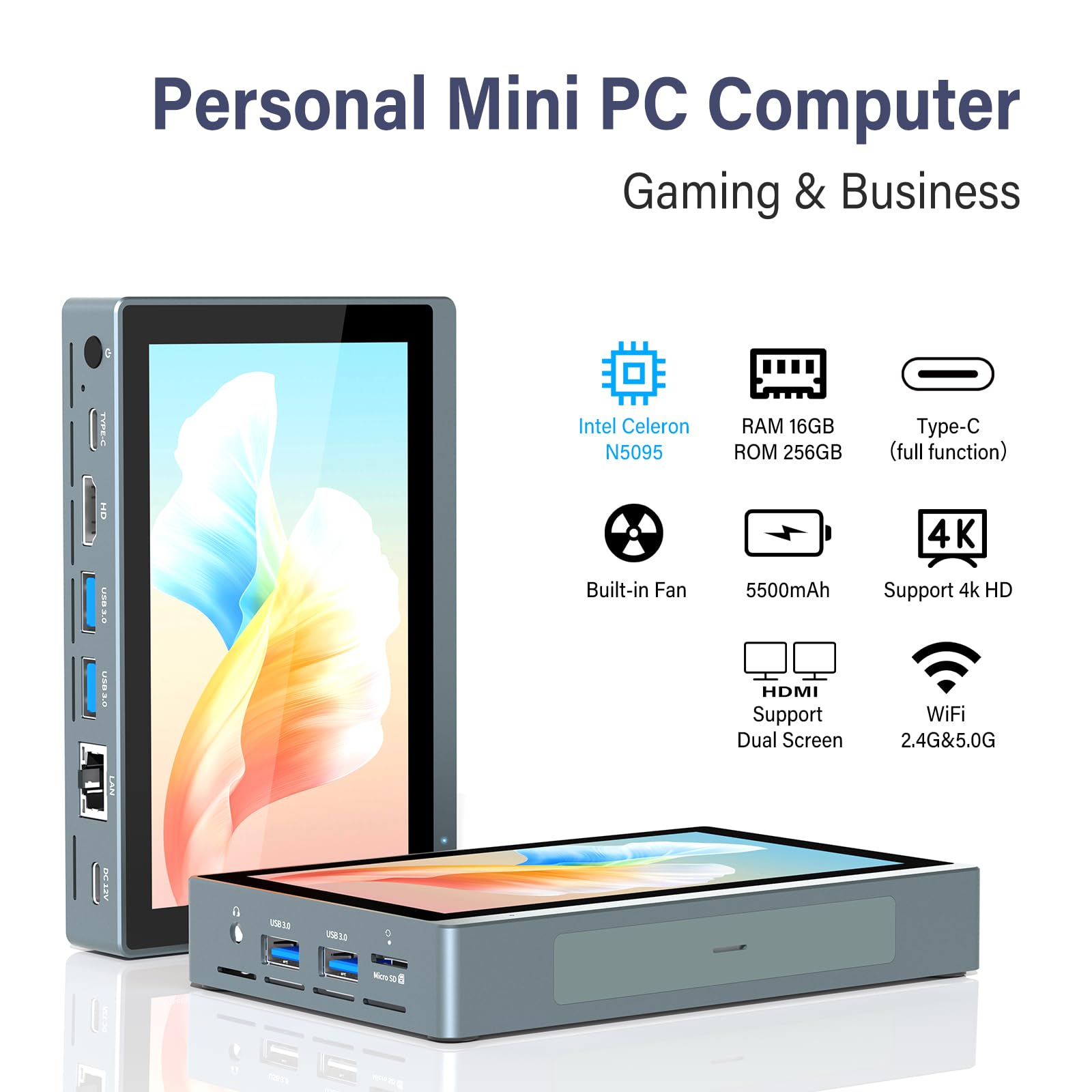 Mini PC OuuOee Con Schermo Touch, Win 11 Pro, Celeron N5095, 8GB RAM, 128GB EMMC, 4K 60Hz Triple Display, WiFi 5.0 BT 5.2, Batteria Integrata 5 Ore