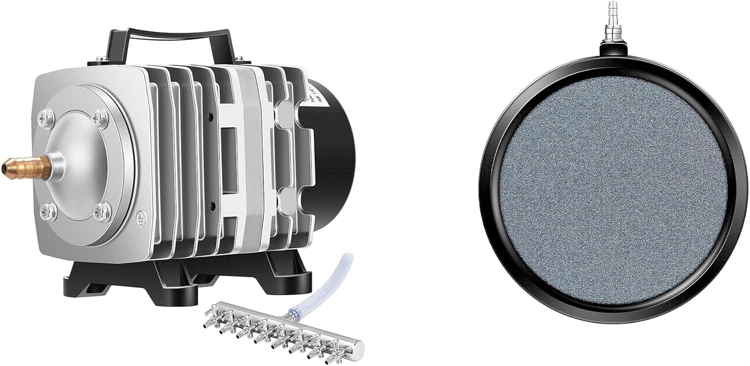 VIVOSUN Commercial Air Pump 1110 GPH 8 Outlet 40W 70L/min for Aquarium and Hydroponic Systems, and Air Stones Disc 5 x 5 Inch with Shell for Aquarium