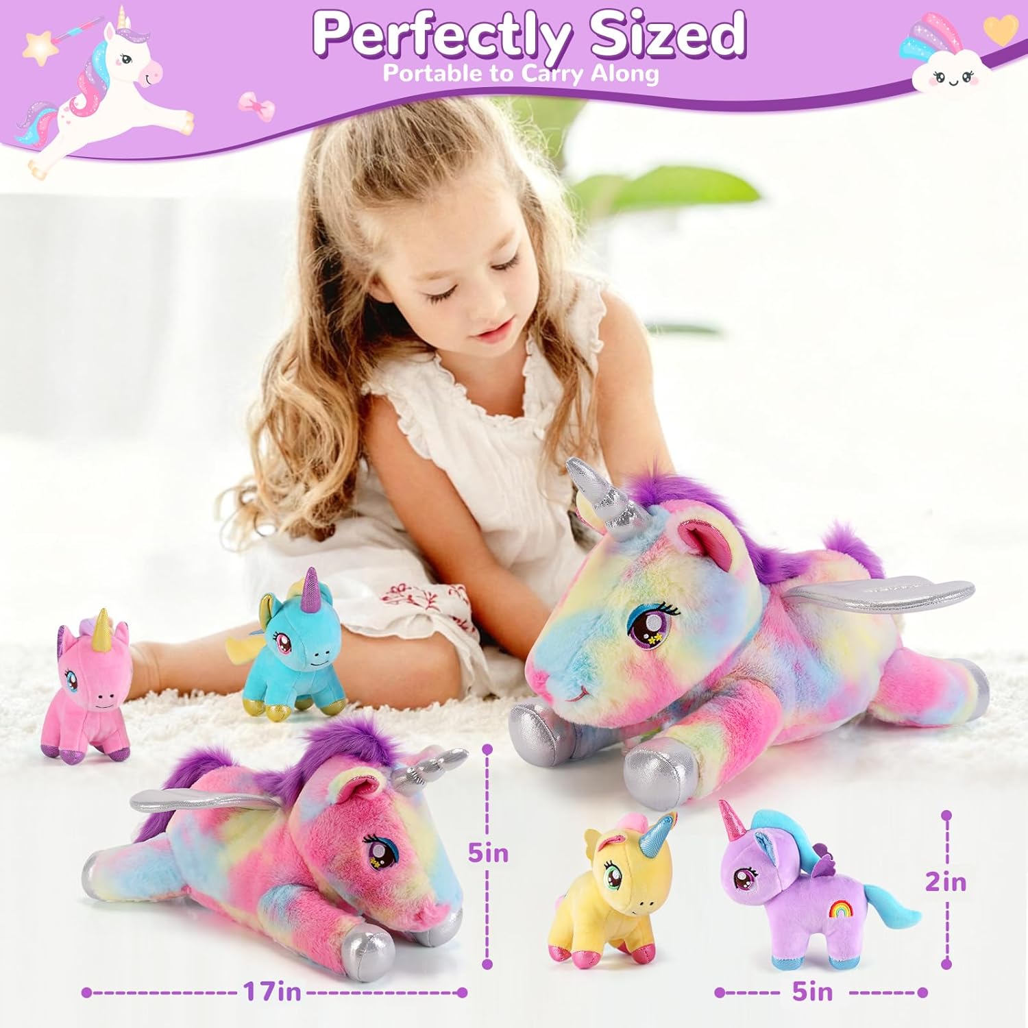 gnomantic 5 Pieces Unicorn Stuffed Animals - 1 Mommy Stuffed Unicorn with 4 Babies - Unicorns Gifts for Girls Ages 3-8, Unicorns Plush Toys for Christmas, Valentine's, Birthday Gifts (Rainbow)