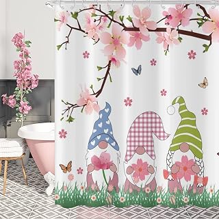 Pink Gnomes Shower Curtain, Pink Cherry Blossom Butterflies Heart Stripe Checkered Plaid Gnomes Bathroom Curtains for Bathtub Decor Waterproof Fabric Machine Washable with Hooks,72" Wx72 L