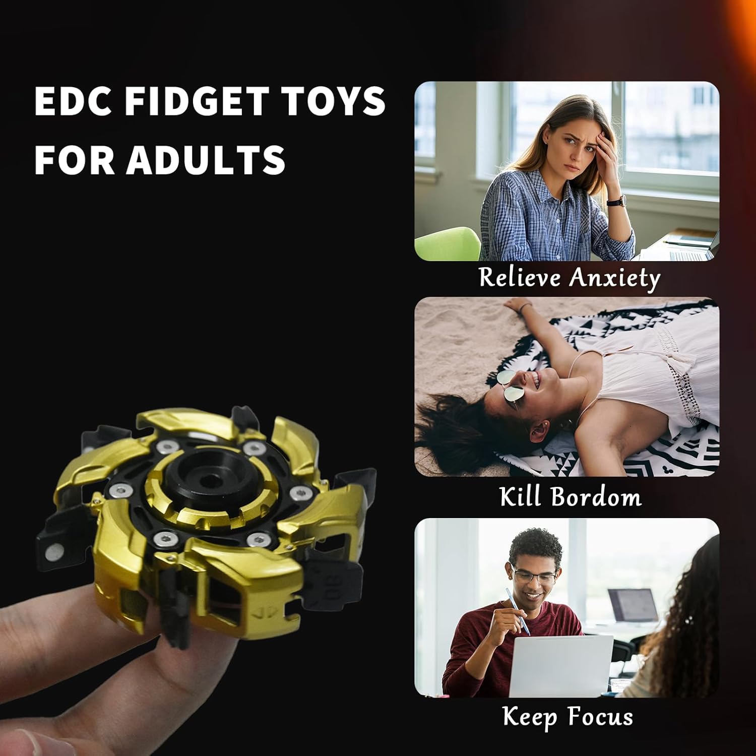 Pillbug Open Armor Fidget Spinner, Heavy Metal Fidget Spinners for Adults, EDC Fidget Toys Stress Relief Toy Focus Tool for Home Office Desk, Great Gadget for Men (2nd Gen Black/Gold)
