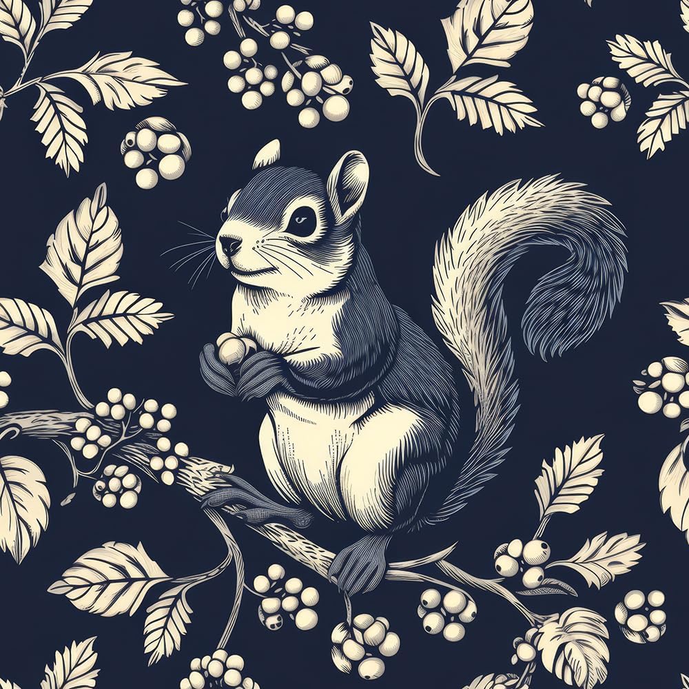 REDAMANCY Beige Black Squirrel Floral Animals Peel and Stick Wallpaper Vintage Wall Paper Stick on Contact Paper Easy Peel Off for nightstand Drawer Renter Friendly 17.7"x236"