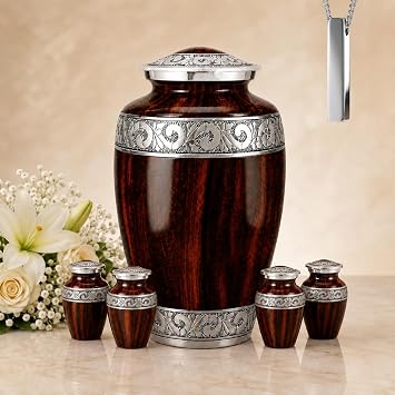 Set of 6 Wood-Grain Urn for Adult Human Ashes Adult Male & Female Includes 1 Large Hand-Engraved Adult Urn, 4 Keepsake Urns with 1 Memorial Necklace