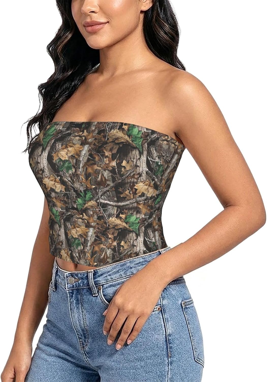 Brown Wooden Print Strapless Bra Tube Tops for Women