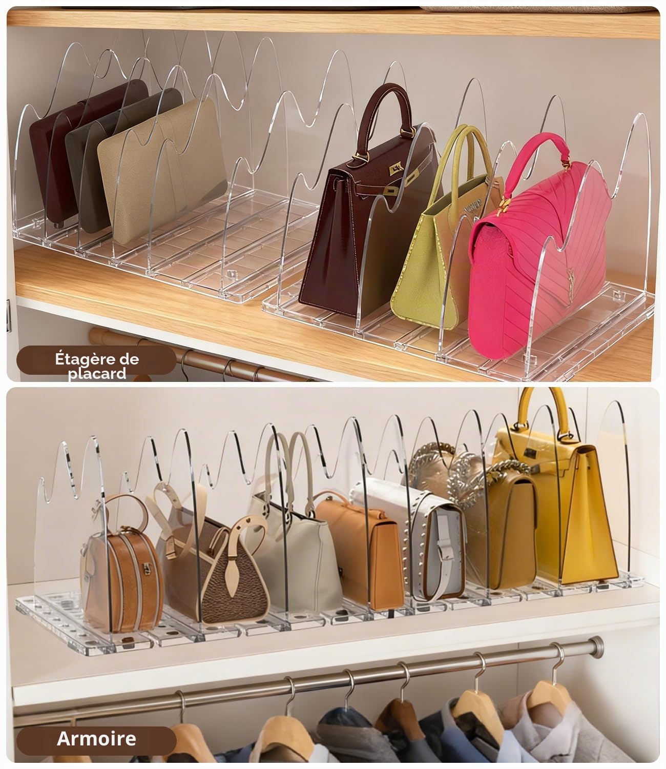 Lot de 10 Séparateurs de Sacs à Main en Forme de Montagne, Organisateur Dressing Ajustable avec Base à Fentes et Diviseurs Ajustables, Rangement pour Dressing, Placard, Chambre et Cuisine