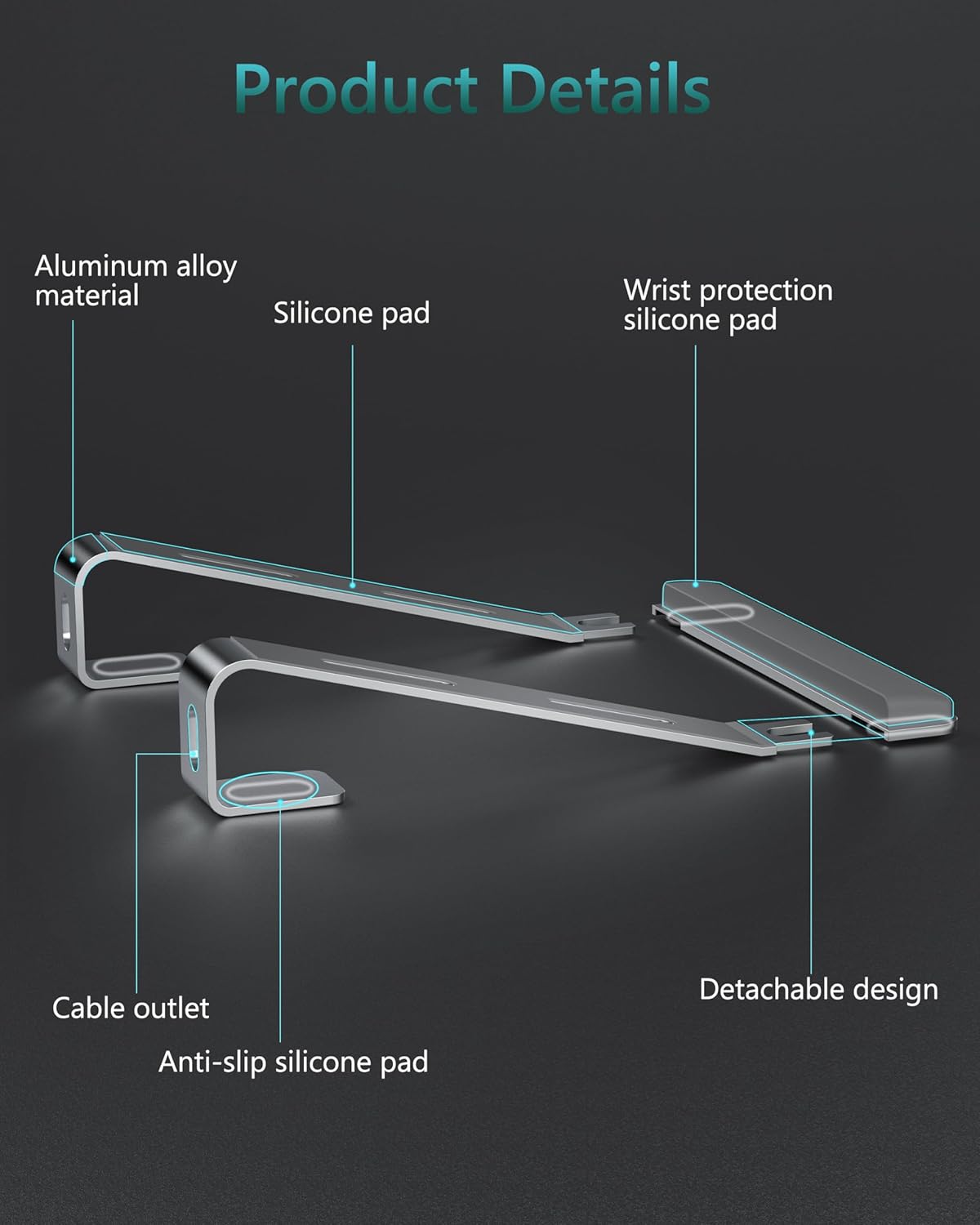 Aluminum Laptop Stand, Notebook Stand with Wrist Rest, Ergonomic Detachable Laptop Mount, Computer Stand Compatible with 10-17'' All Laptops Such as MacBook Air Pro/HP/Dell/Lenovo, Silver image 8 of 8 B0CJHBP4Z7