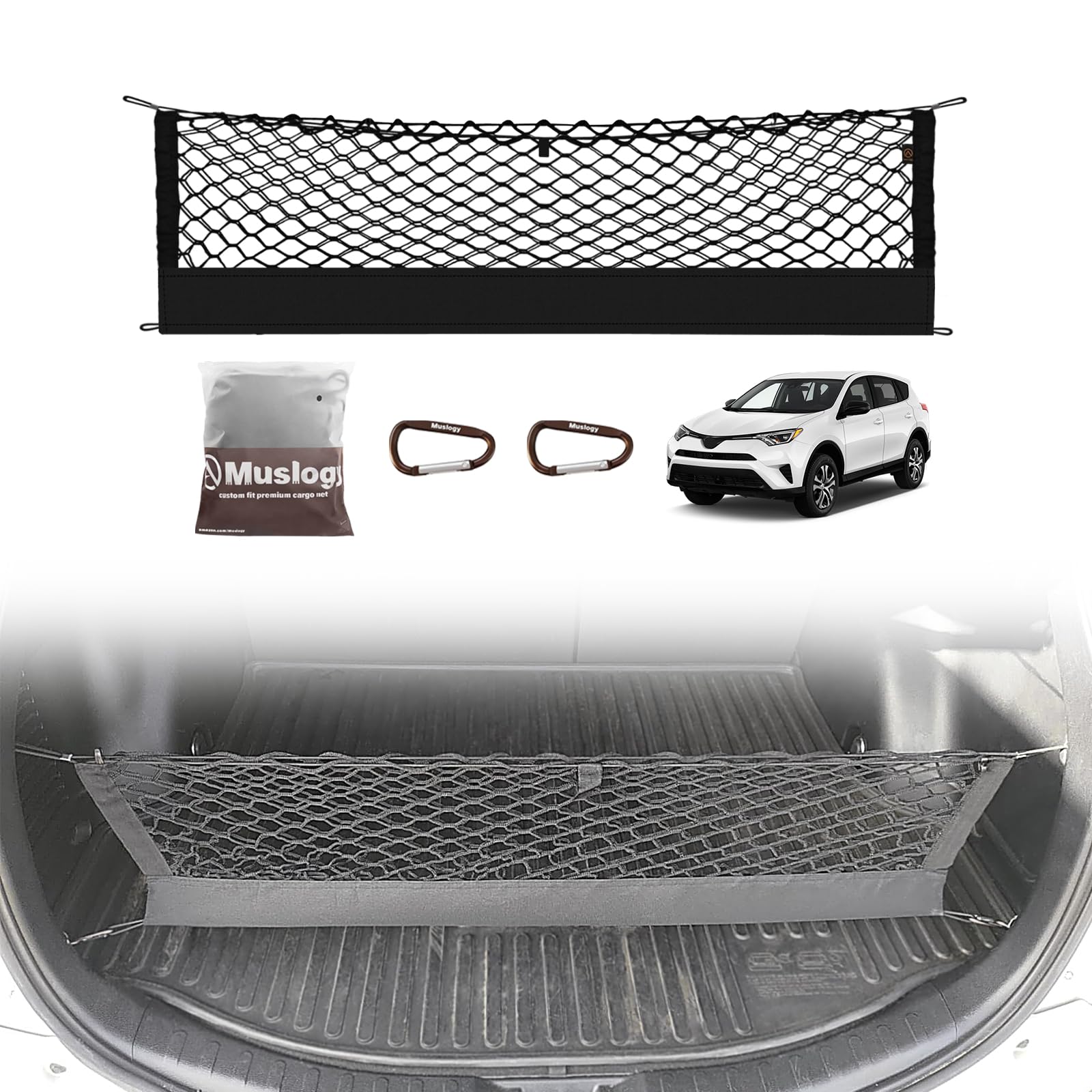 Photo 1 of Muslogy Trunk Cargo Net Compatible with Toyota RAV4 2013-2018 Accessories, SUV Sedan Cargo Organizer Storage Net with Heavy Duty Carabiners