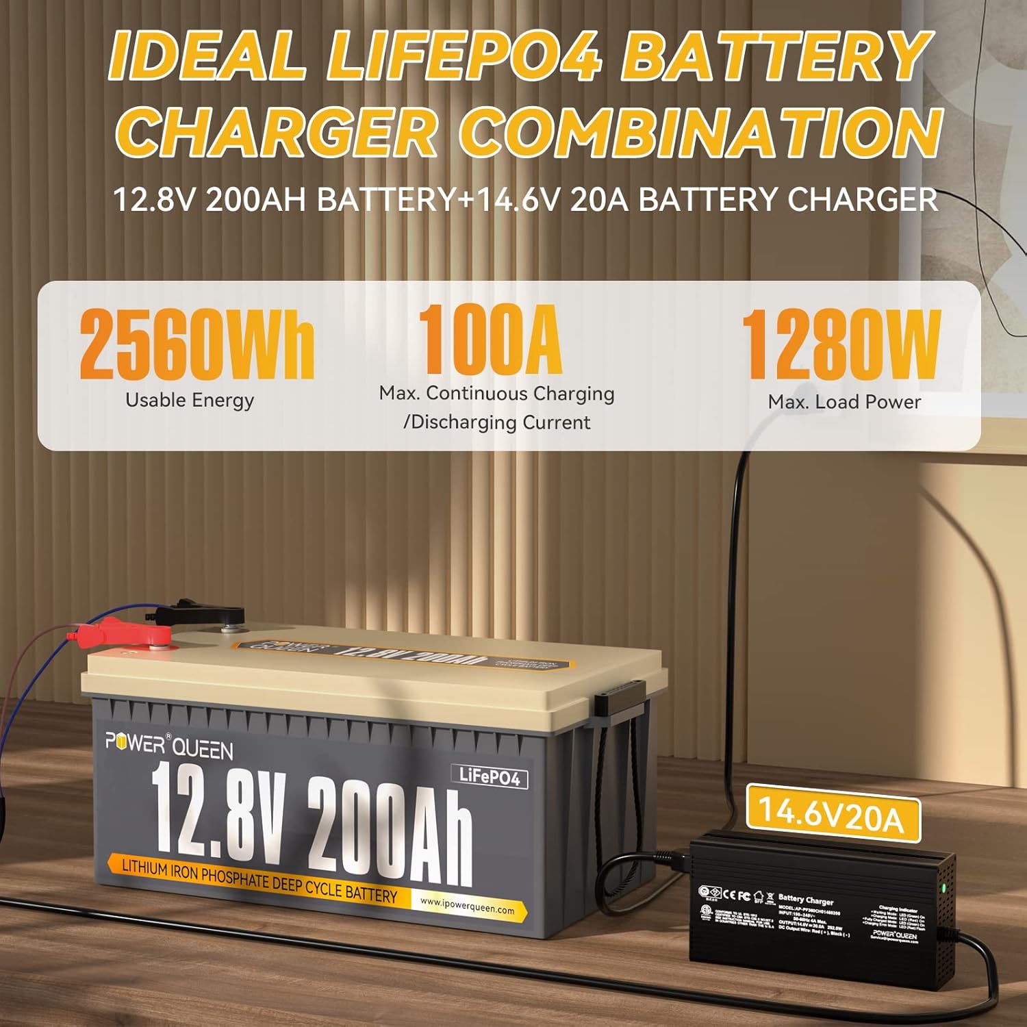 Power Queen 12.8V 200Ah LiFePO4 Battery with 14.6V 20A; Built-in 100A BMS, Fully Charged Capacity, 2560Wh Energy, Perfect for RV, Camping, Solar System, Power Outage