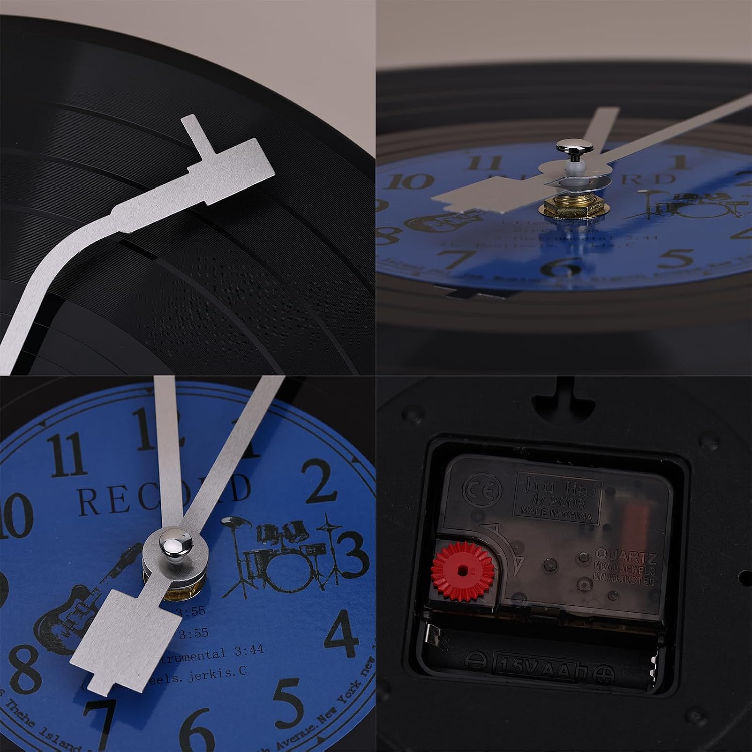 11.8" Musical Black Vinyl Record Wall Clock Battery Operated Unique Large Clock Wall, Black and Blue Music Themed Clocks, Wall Art Decor for Music Room Home Office School Classroom