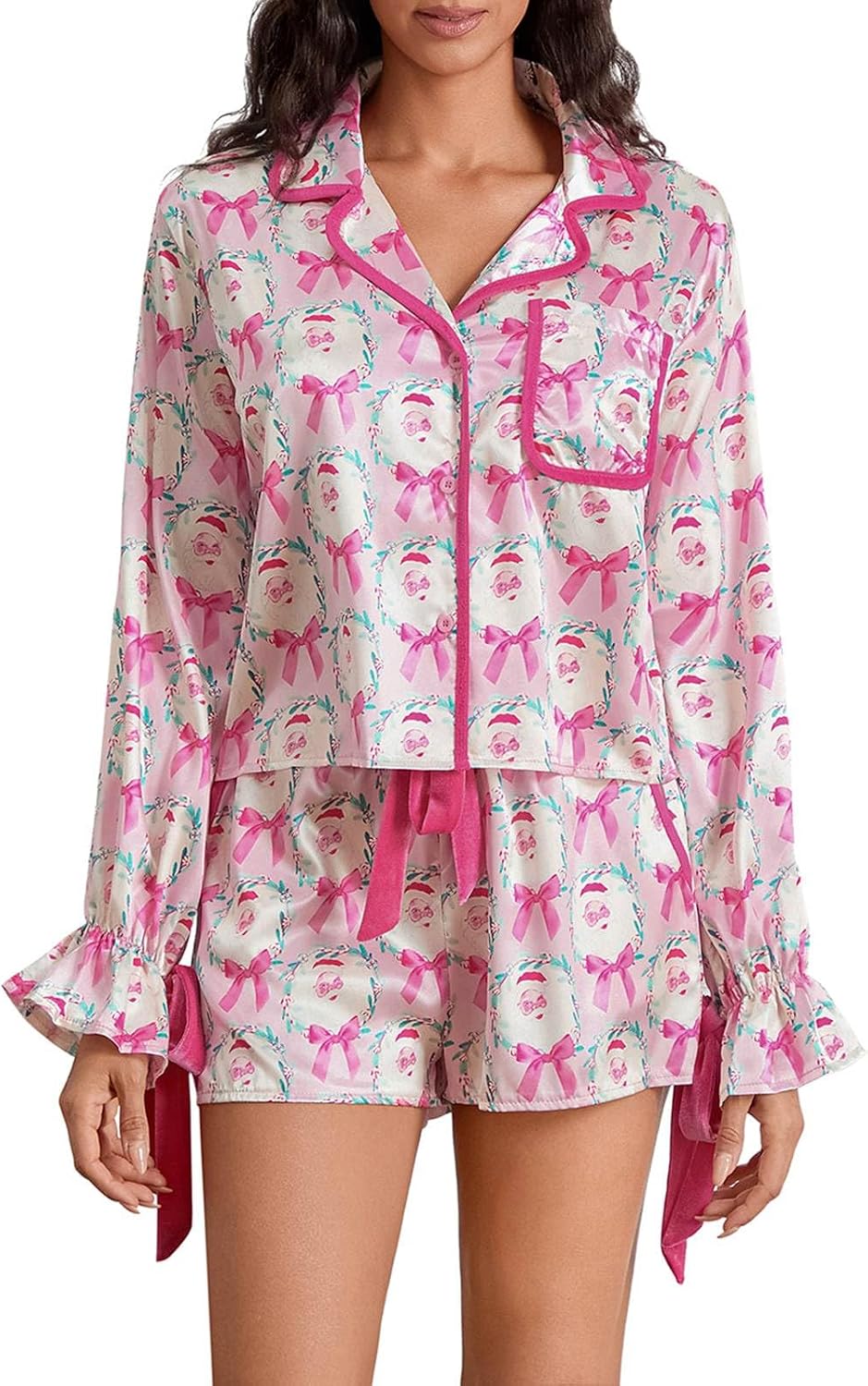 Christmas Pajamas for Women, Long Sleeve Button Up Pj Shirt and Shorts 2 Piece Set Trendy Holiday Sleepwear Outfits