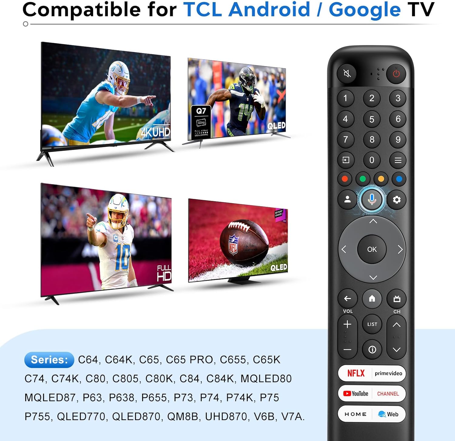 LOUTOC remote control compatible with various TCL Android and Google TV models, showing different TV screens.