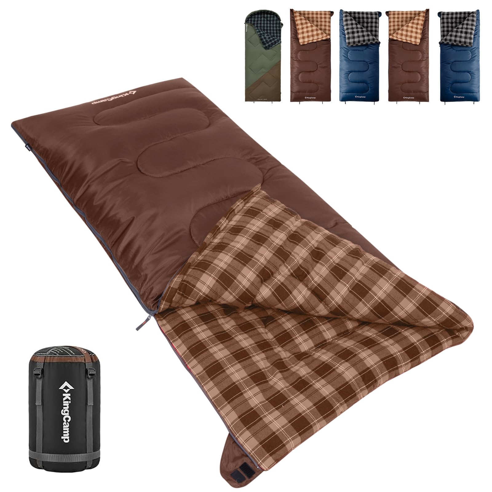 KingCamp - Saco de Dormir de Franela de algodón, Sacos de Dormir Grandes y Altos para Adultos, Clima frío, Cremallera Juntos para Saco de Dormir 2P para 3 Estaciones, Ligero, Resistente al Agua, para
