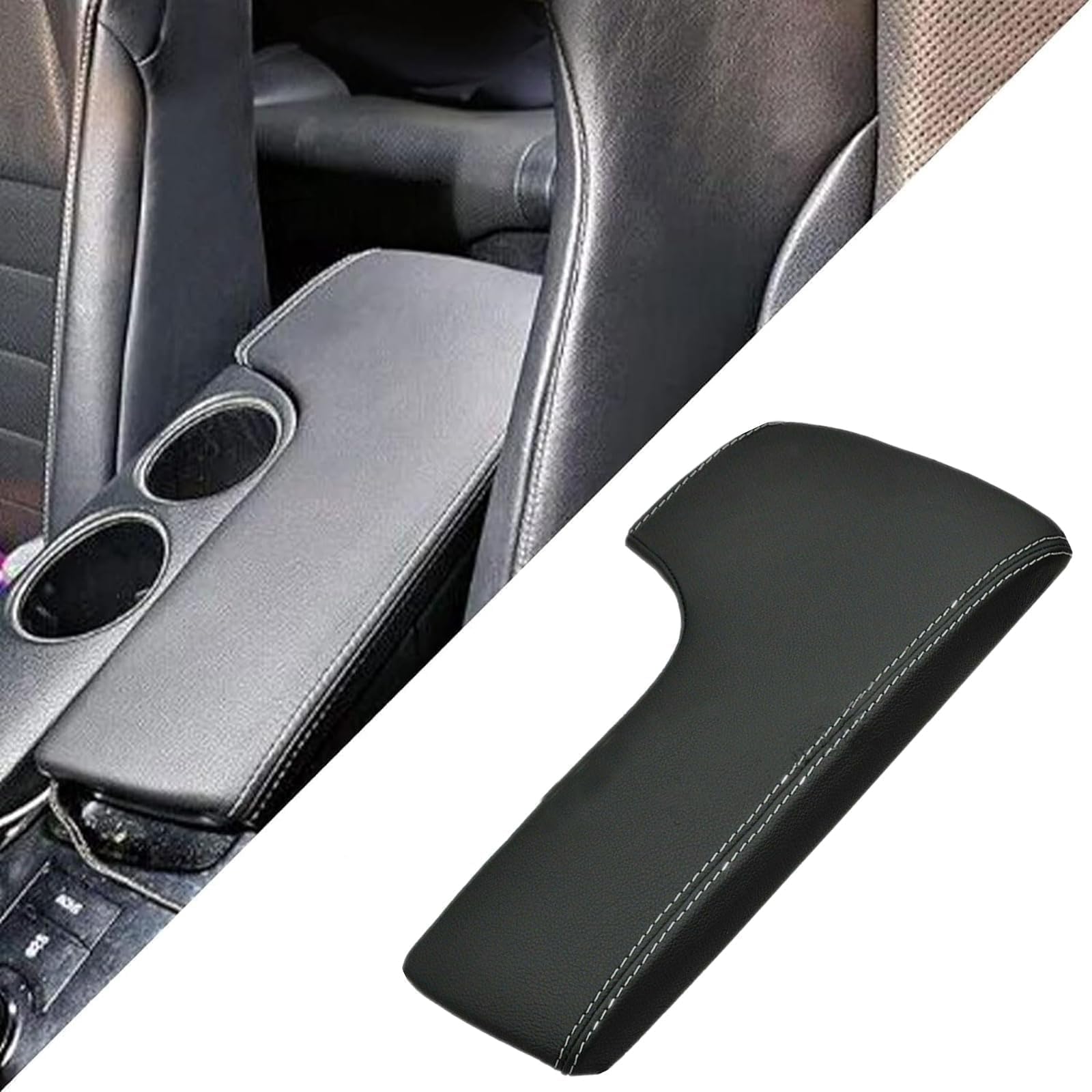 SecosAutoparts Leather Console Lid Armrest Cover Compatible with Lexus IS250 IS350 2014 2015 2016 2017 Black Leather White Thread Black White Stitches
