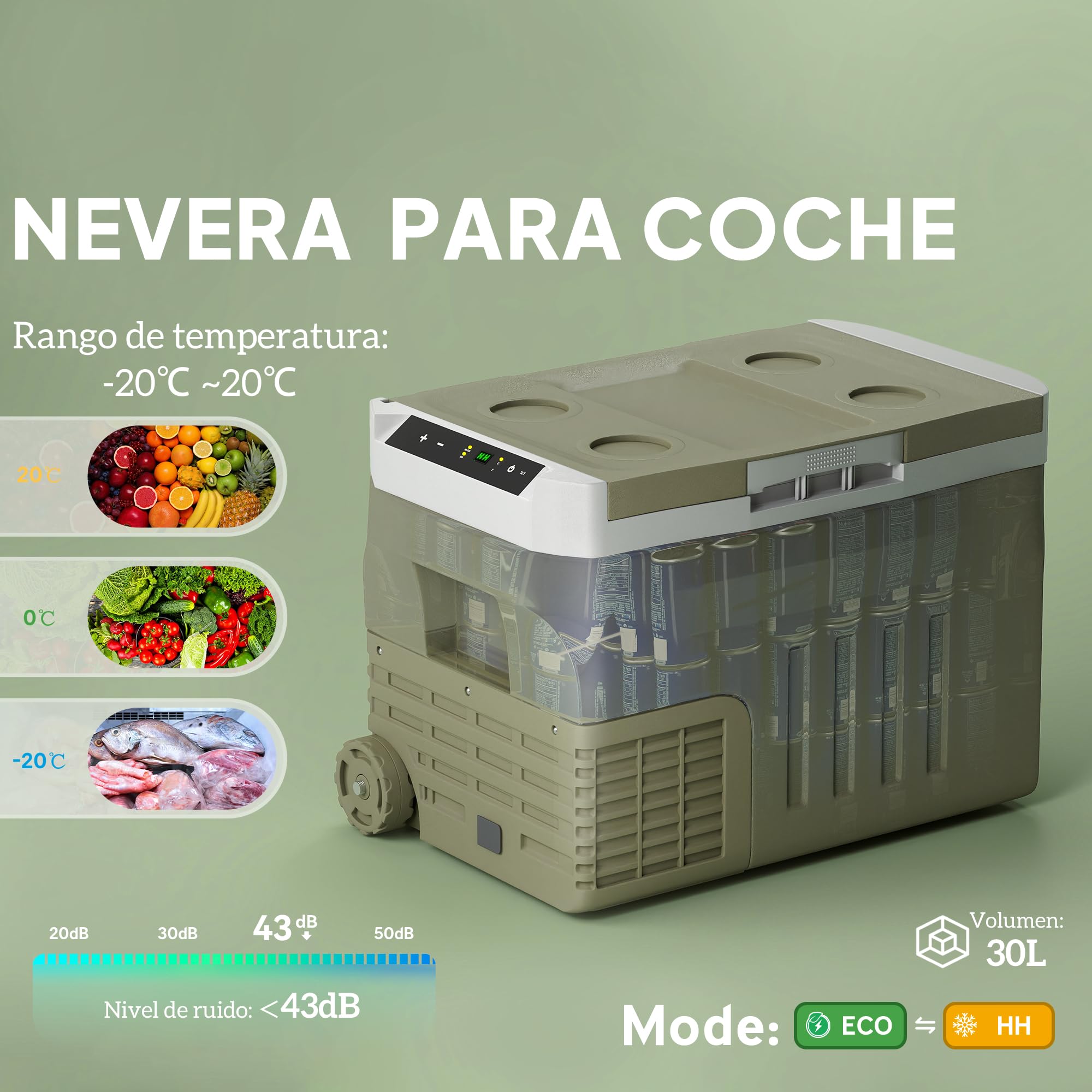 Outsunny Nevera Portátil Eléctrica 30L para Coche 61x39x41,5 cm Verde | -20℃ a +20 ℃, 12V/24V, Mini Frigorífico, Ruedas, Compresor, Pantalla LED Táctil, Hogar Camping Viajes Automóvil