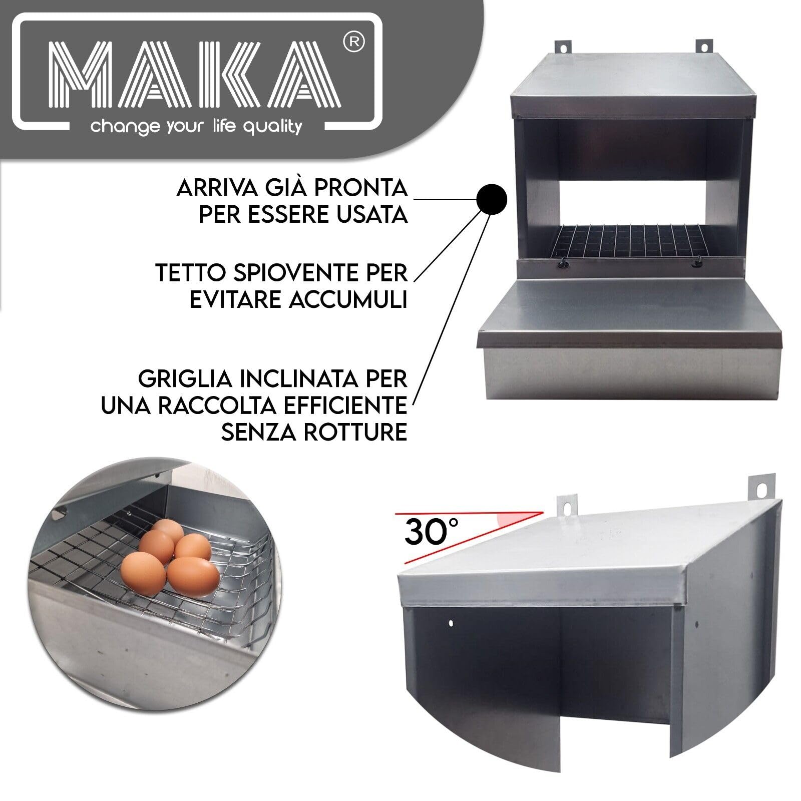 MAKA Nido per Galline Ovaiole 1 Posto Struttura in Lamiera e Rete Zincata Inclinata con Raccolta Uova Cassetta Contenente 30 Uova Ideale Pollaio Interno ed Esterno Tetto Spiovente 33x31x50 cm