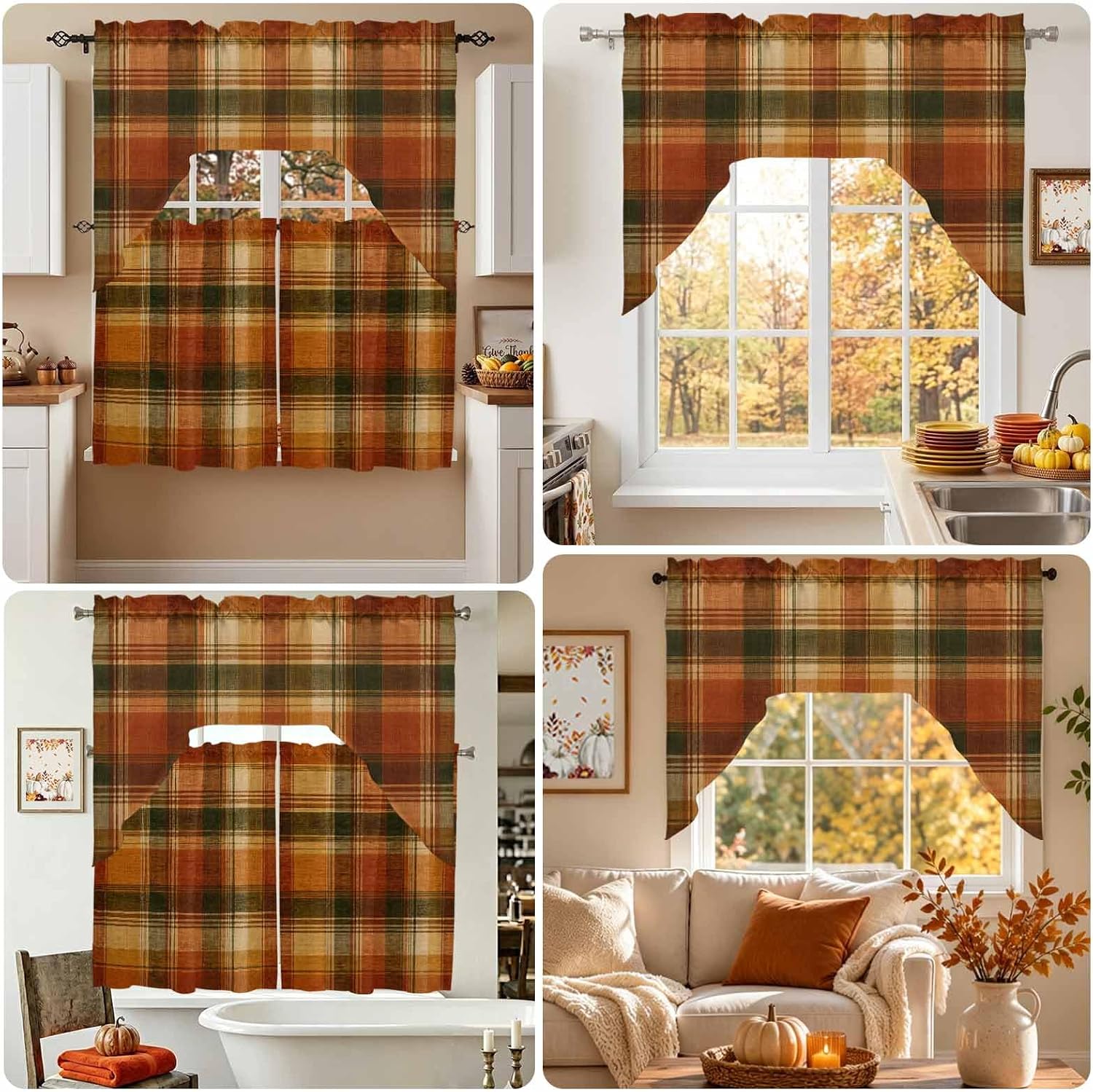 Swag Valance Curtains, Vintage Fall Brown Lattice Plaid Rod Pocket Valances Swag Topper for Kitchen Windows, Light Filtering Short Curtain for Bedroom Bathroom 56x36in