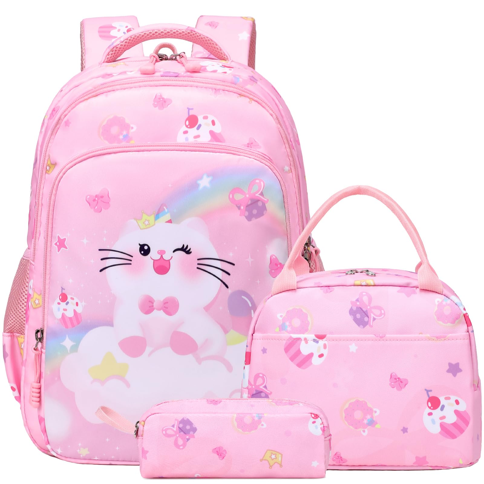 Kimwadalh Girls Backpack with Lunch Box Pencil Case for Elementary School, 3 in 1 Schoolbag with Chest Strap for School Girls