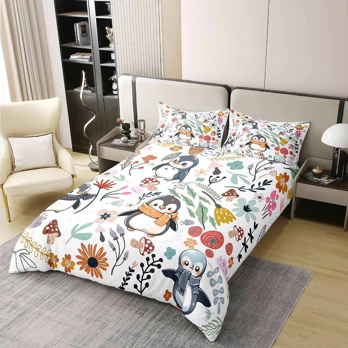 Süßer Pinguin 100% Bio-Baumwolle Bettbezug für Jungen Mädchen,Winter Wildlife Tröster Abdeckung,Cartoon Pinguin mit Schal Bettwäsche Set,Bunte Blumen Pilz Bettdecke 155x220