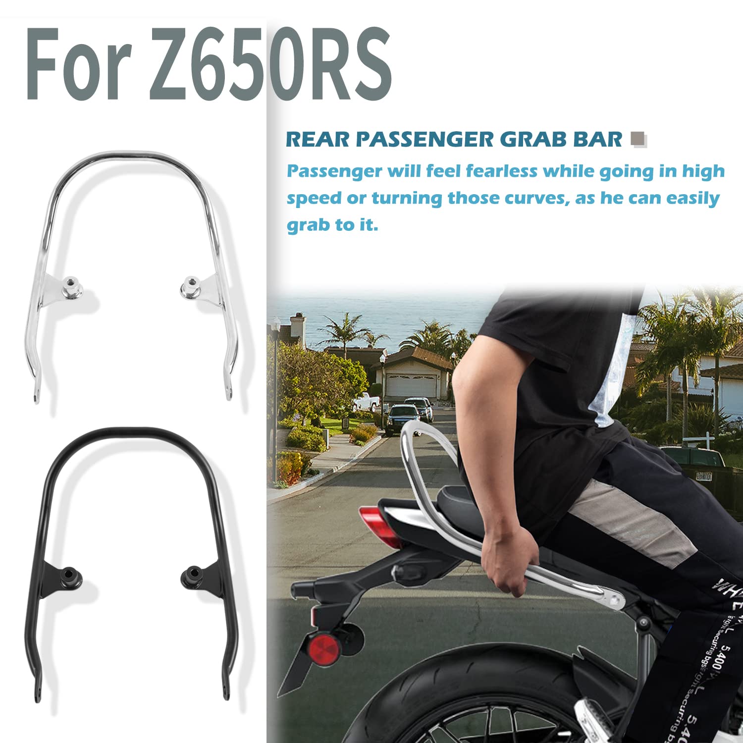 Moto Z650RS Passeggero posteriore Sellino Grab Bar Grande Sedile laterale Corrimano Coda Bracciolo Maniglie Kit Acciaio al carbonio per Z 650 RS Z650 RS Z-650-RS 2021 2022 2023 21-23 (Nero)