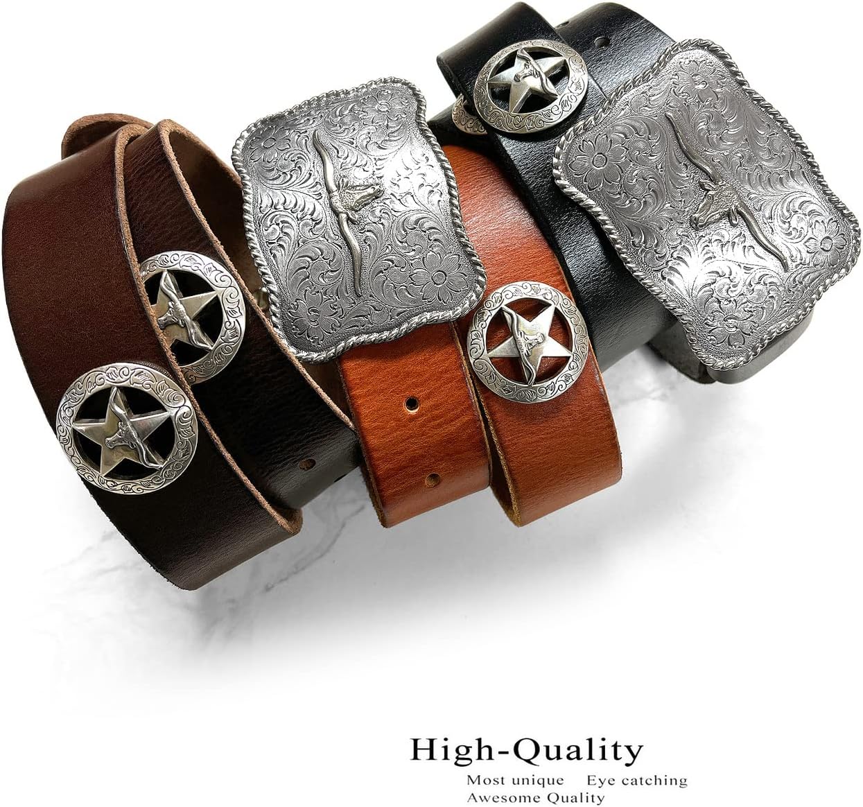 [Belts.com] メンズ Longhornのシルバースター西コンチョスレザーベルトブラック