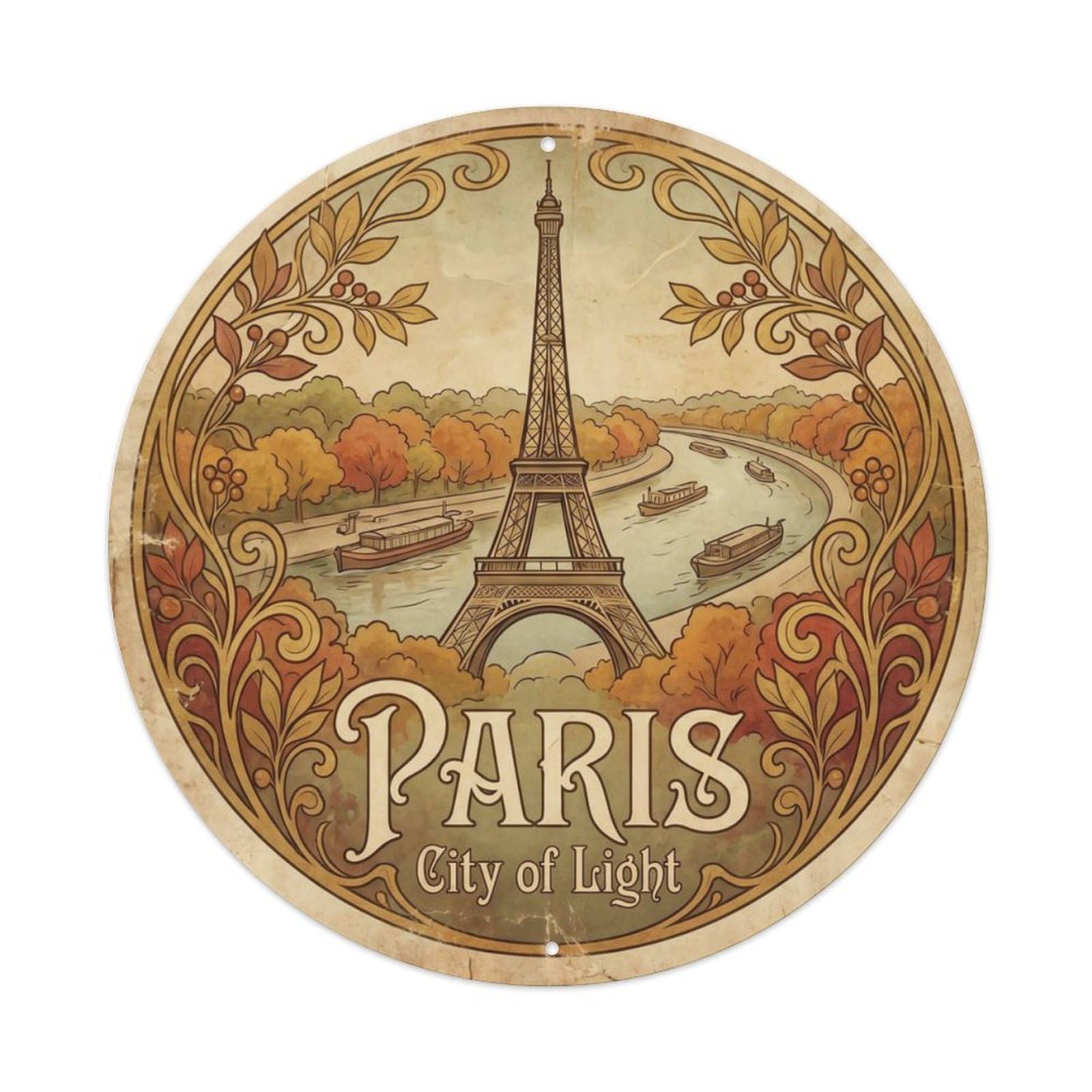 Vintage Travel Paris Tower Seine Metal Tin Sign Plaque Wall Decor for Cafe, Club, Garden Round Metal Poster 8x8Inch