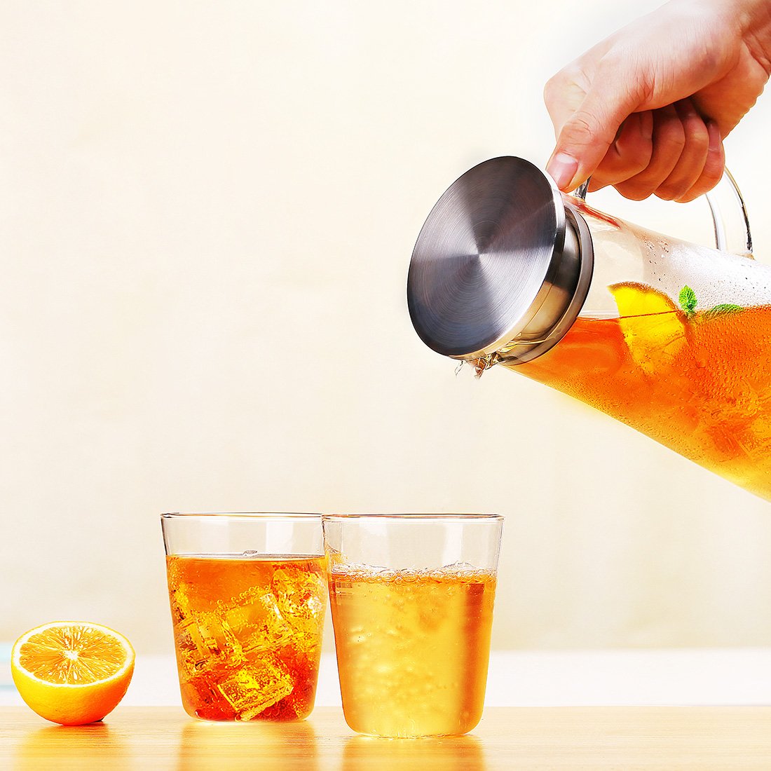 ONEISALL 1.5L Glass Water Pitcher, Ice Cold Juice Carafe with Stainless