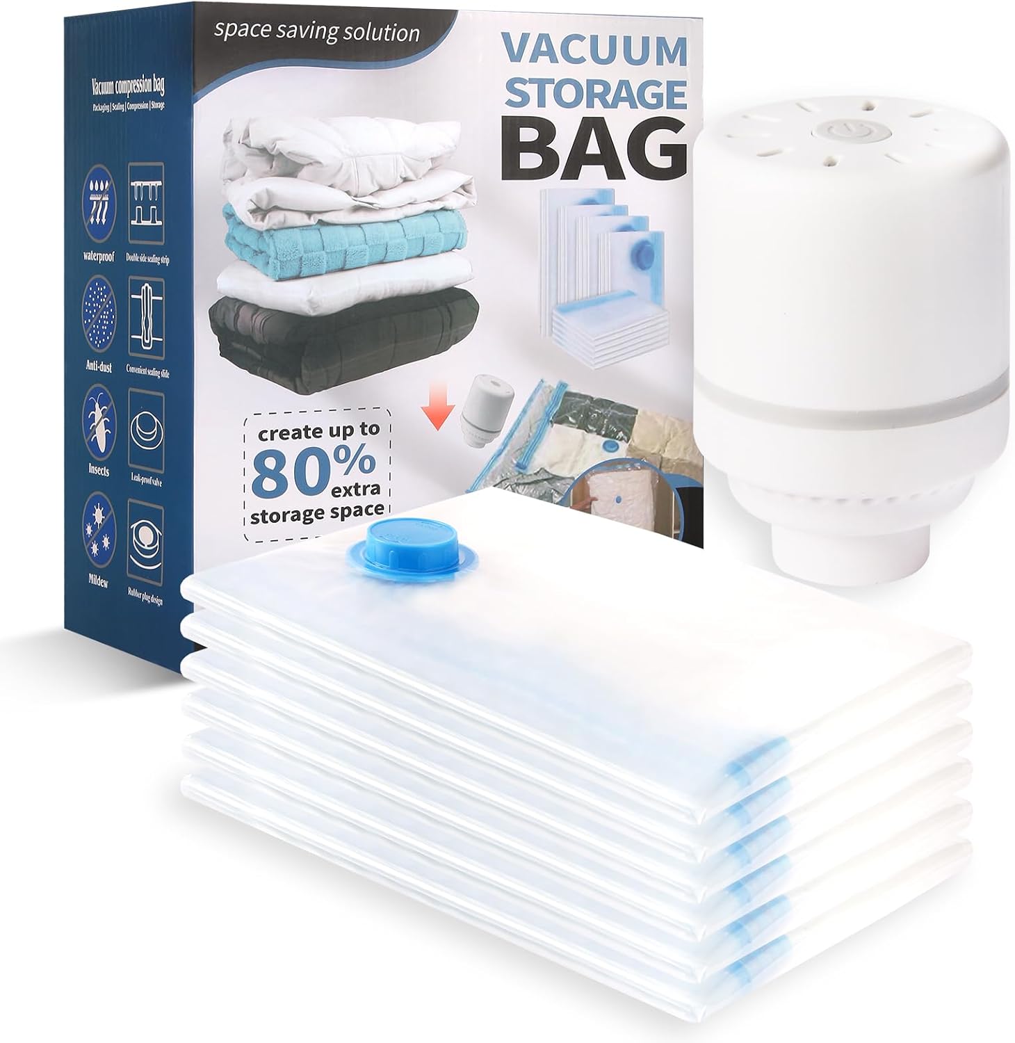 Vacuum Storage Bags for Clothing,With Electric Air Pump Space Saving Compression Bags,Waterproof, 80% Storage Reduction,6 Pack Vacuum Seal Bags(6 Pack Jumbo) for Clothes