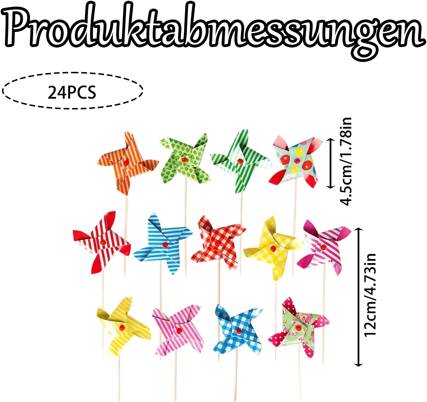Pack of 24 Windmill Cupcake Toppers, Paper Cake Toppers for Cake Muffin and Cupcakes, Colourful Non-Edible Cake Toppers for Birthday Party Baby Shower Home