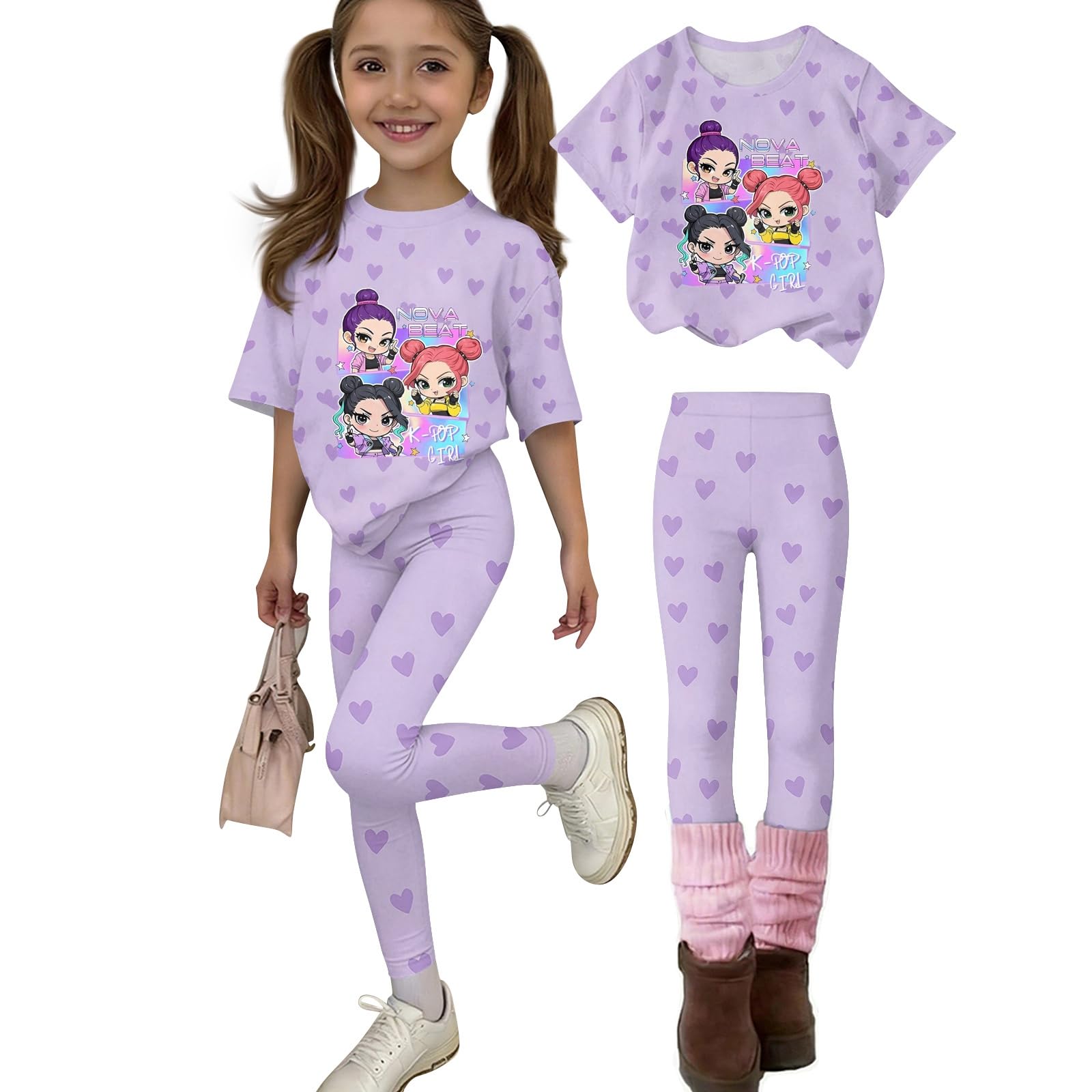 K Pop Short Sleeve T-Shirt and Pants Outfits Set for Girls Hunters Cute Girl's Anime Graphic Tees De-Mon Kids — view 10