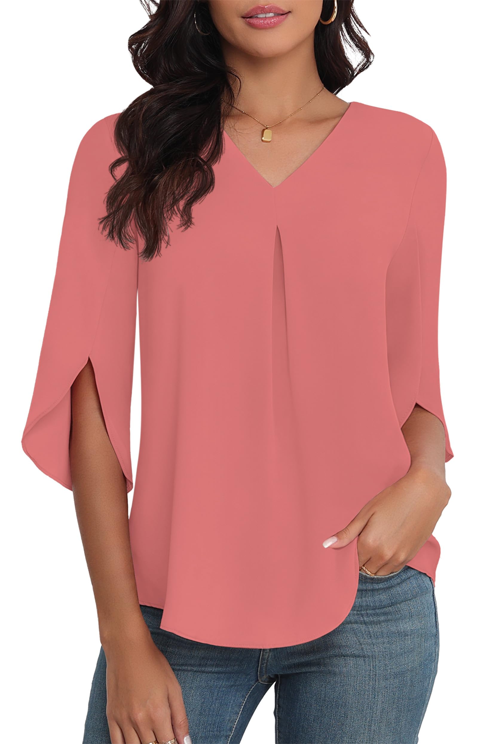 LAOLASI Womens Summer Chiffon Blouses 3/4 Sleeve V Neck Casual Loose Work Tops for Leggings 2025 Flowy Dressy Tshirts