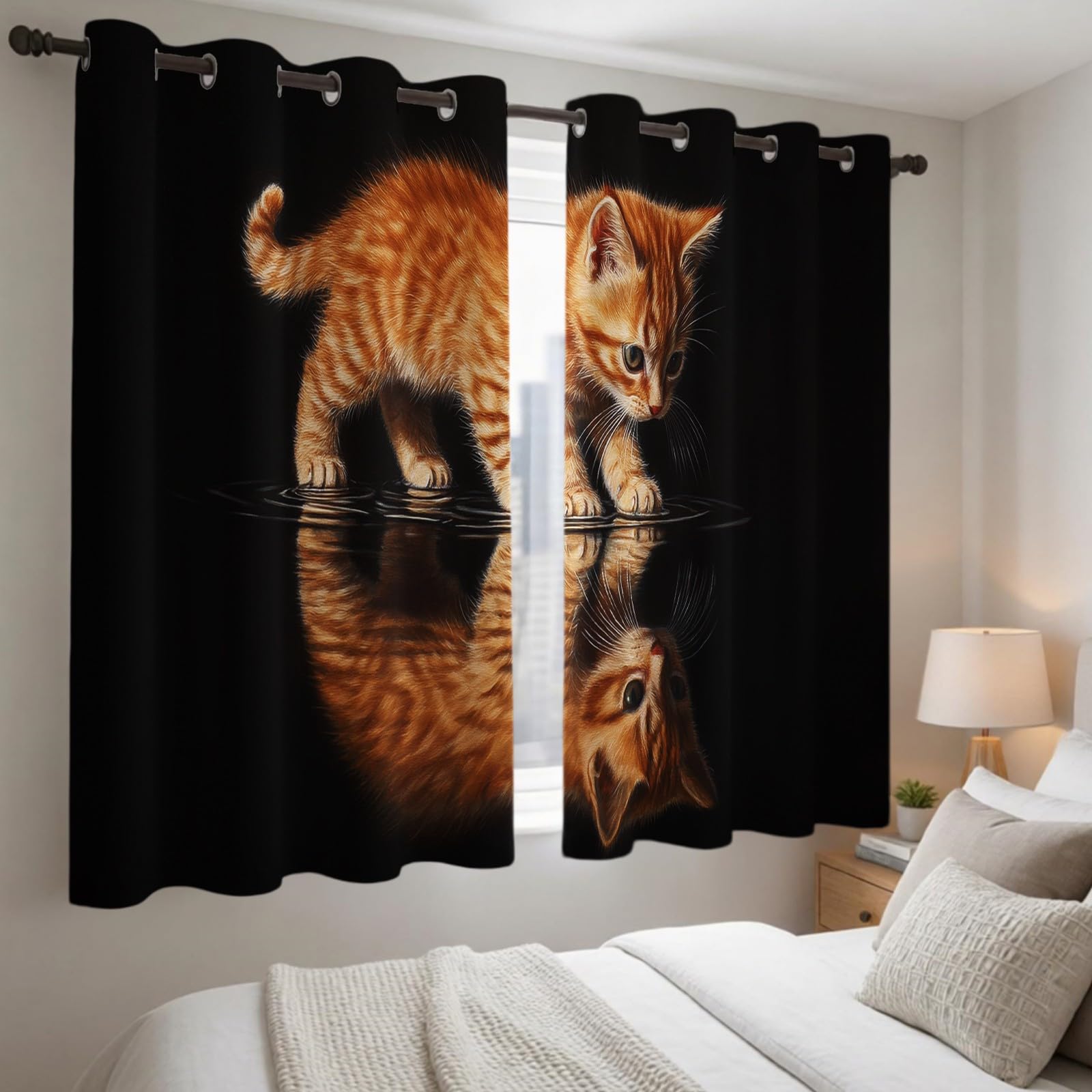 Rideaux Occultants Isolants Thermiques à Œillets Lot de 2, Chat tigré Rideaux Opaques pour Salon et Chambre, 132L X 210H cm