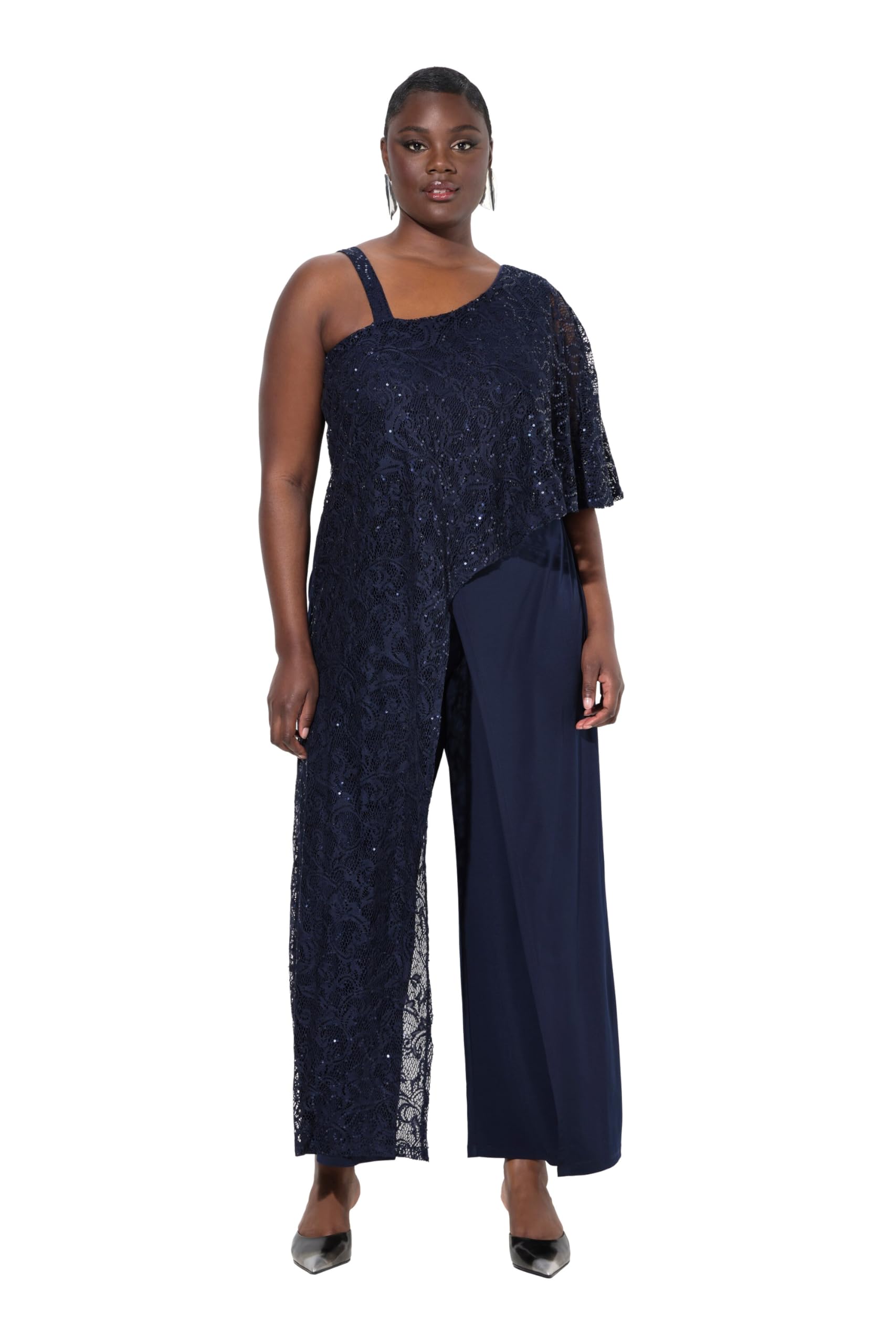 Ulla Popken Damen große Größen Übergrößen Plus Size Jumpsuit, Spitzen-Überwurf, weites Bein, Pailletten 838225