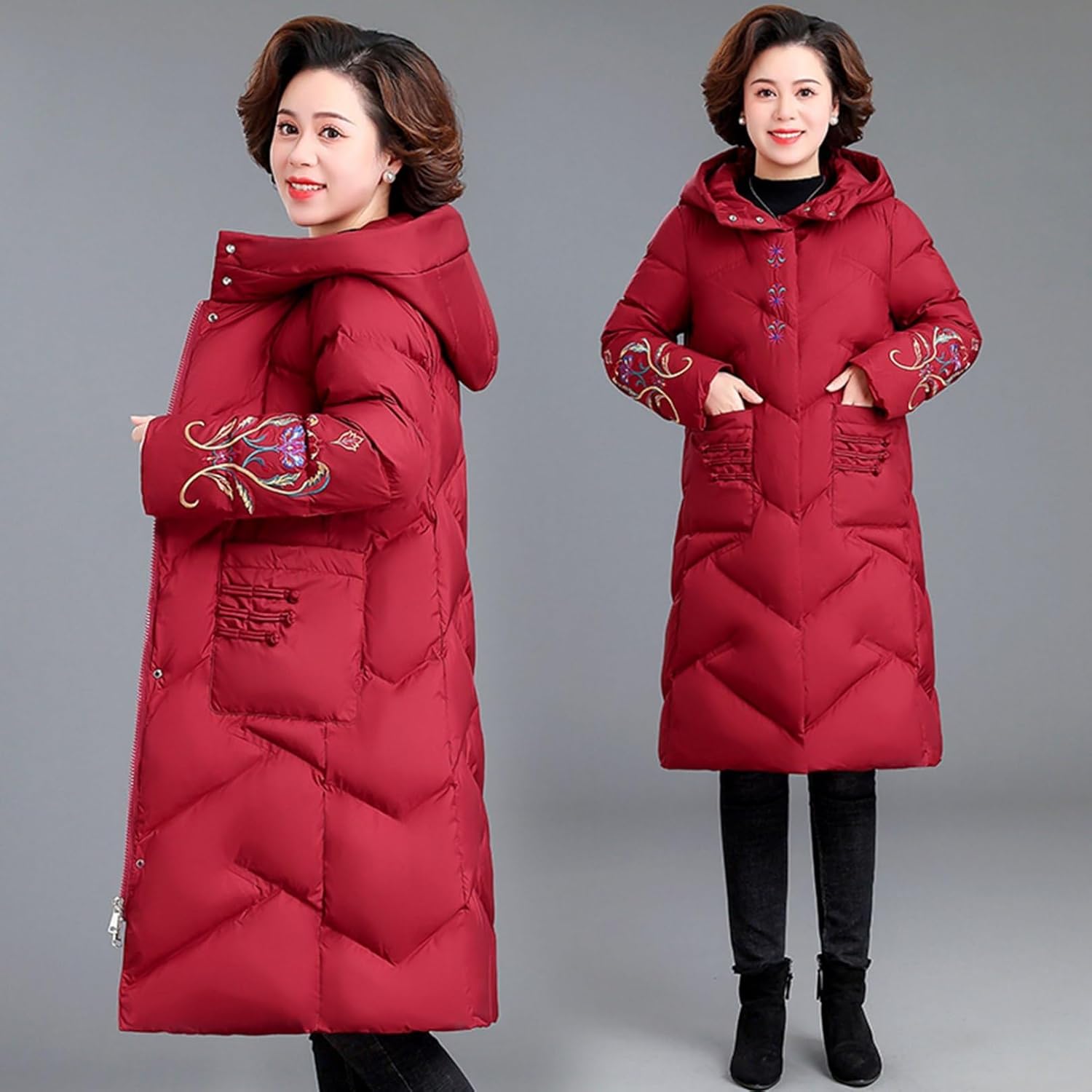 [ＢＡＧＡＤ] 中綿ダウンコート レディース 婦人服 ロング丈 刺繍 花柄 膝下長 大きいサイズ 中綿コート フード付き 冬 防寒
