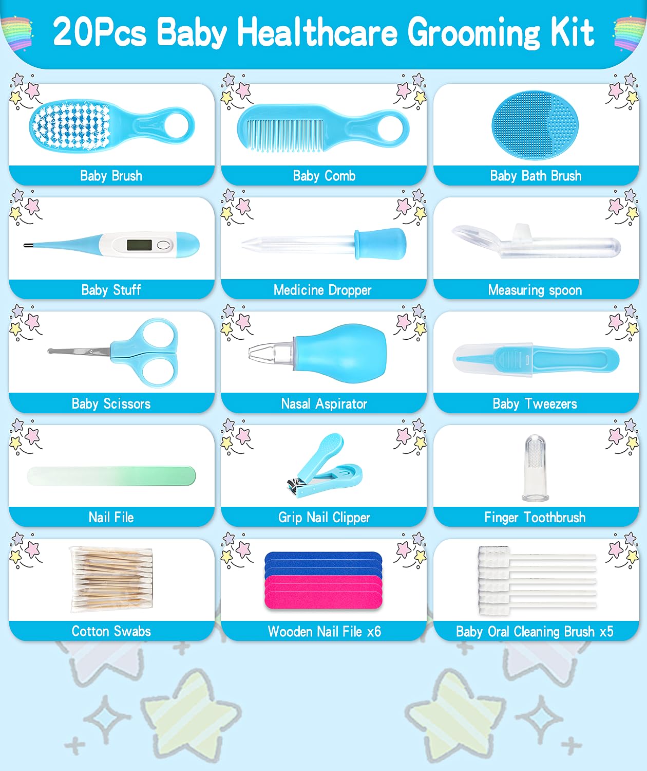 Kit de aseo y cuidado de la salud del bebé, juego portátil de cuidado de seguridad para bebés con cepillo para el pelo, peine, cortaúñas, aspirador nasal para guardería, recién nacidos, niñas y niños