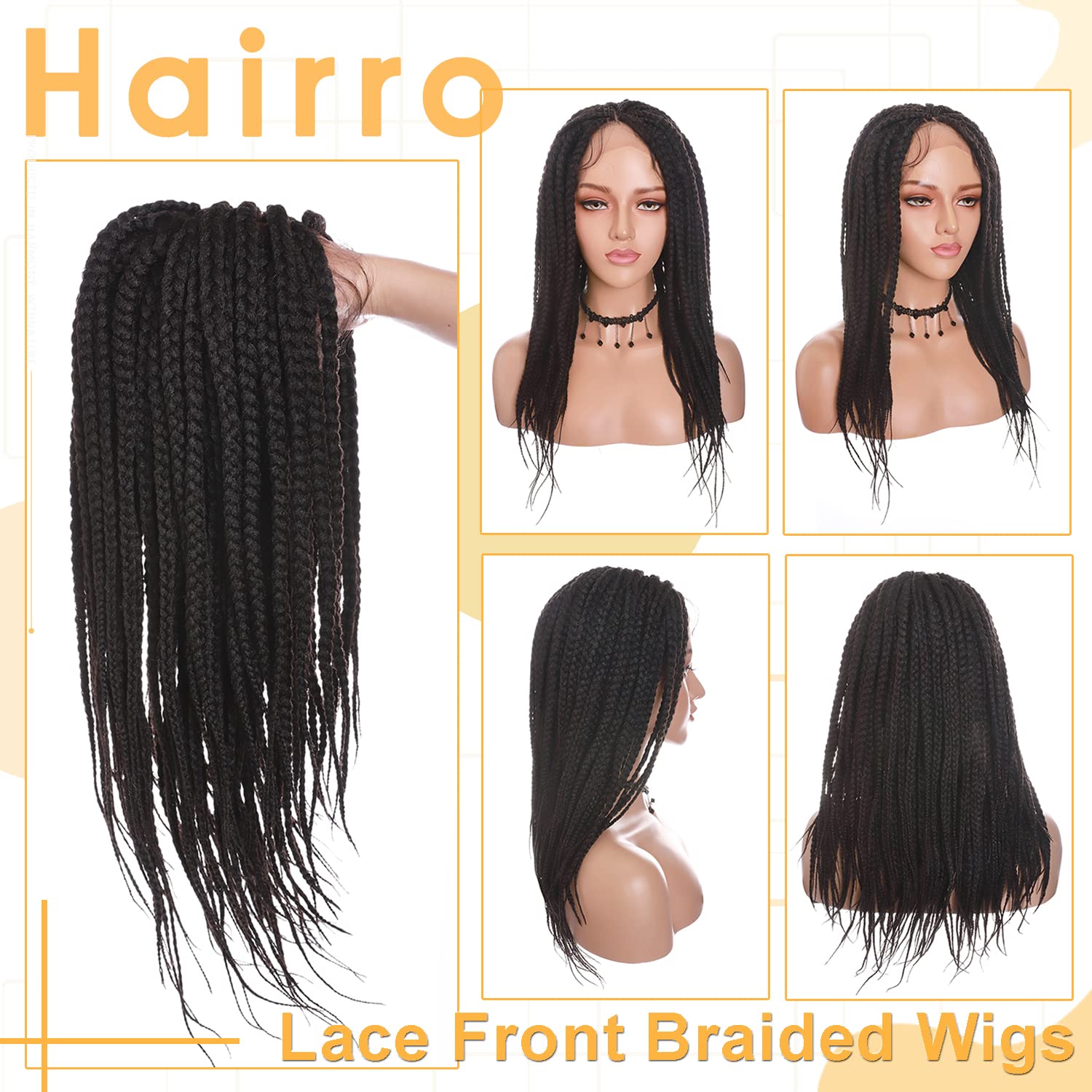 Hairro Braided Wigs For Black Women 20" Lace Front Wig Hand Tied Box Braid Wigs Synthetic Hair Glueless Lace Frontal Wig With Baby Hair Lightweight Cornrow Braids Wig Natural Color