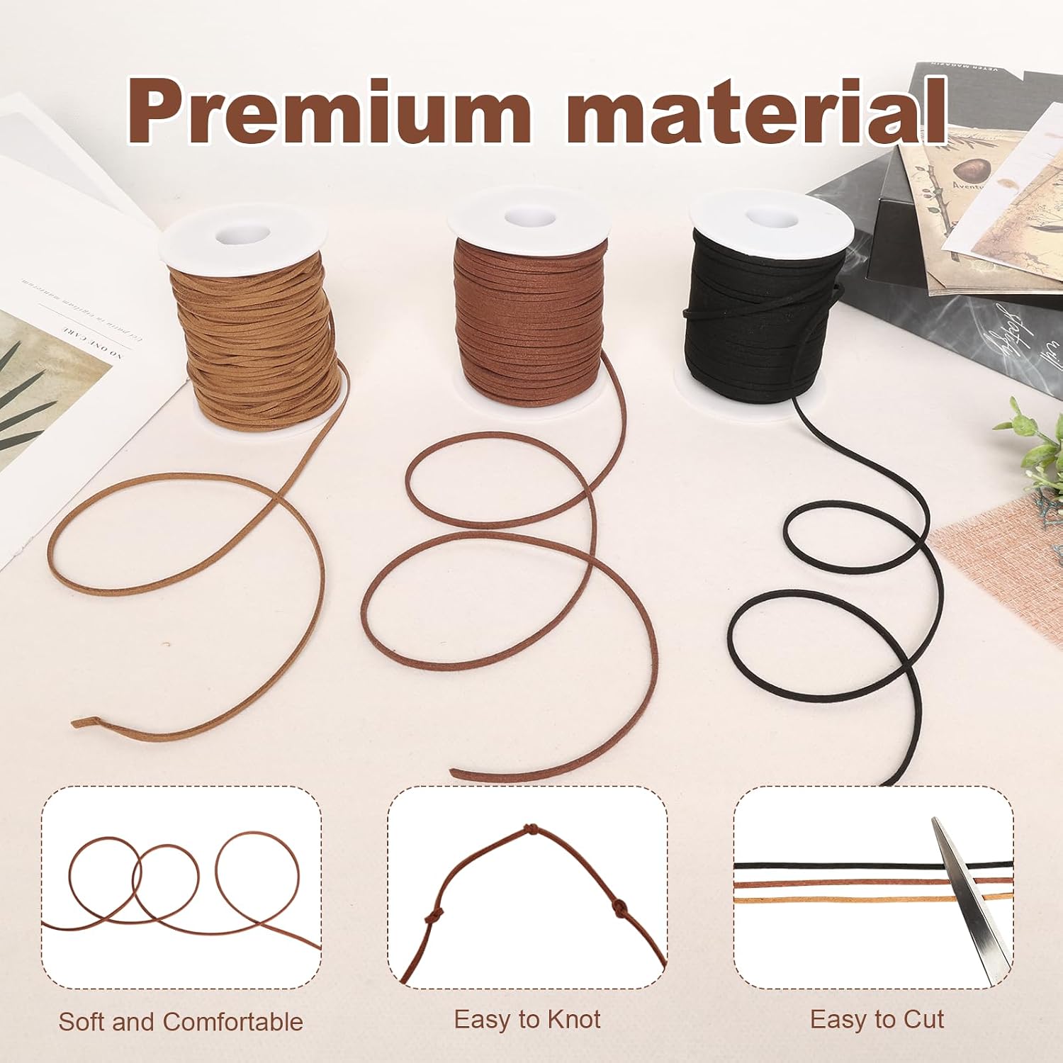 3 Rolls Flat Leather String Cord Faux Leather Suede Ribbon for Jewelry Making DIY Crafts Thin Leather String Cord for Bracelets Necklaces Shoe Accessories (Black, Light Brown. Coffee)