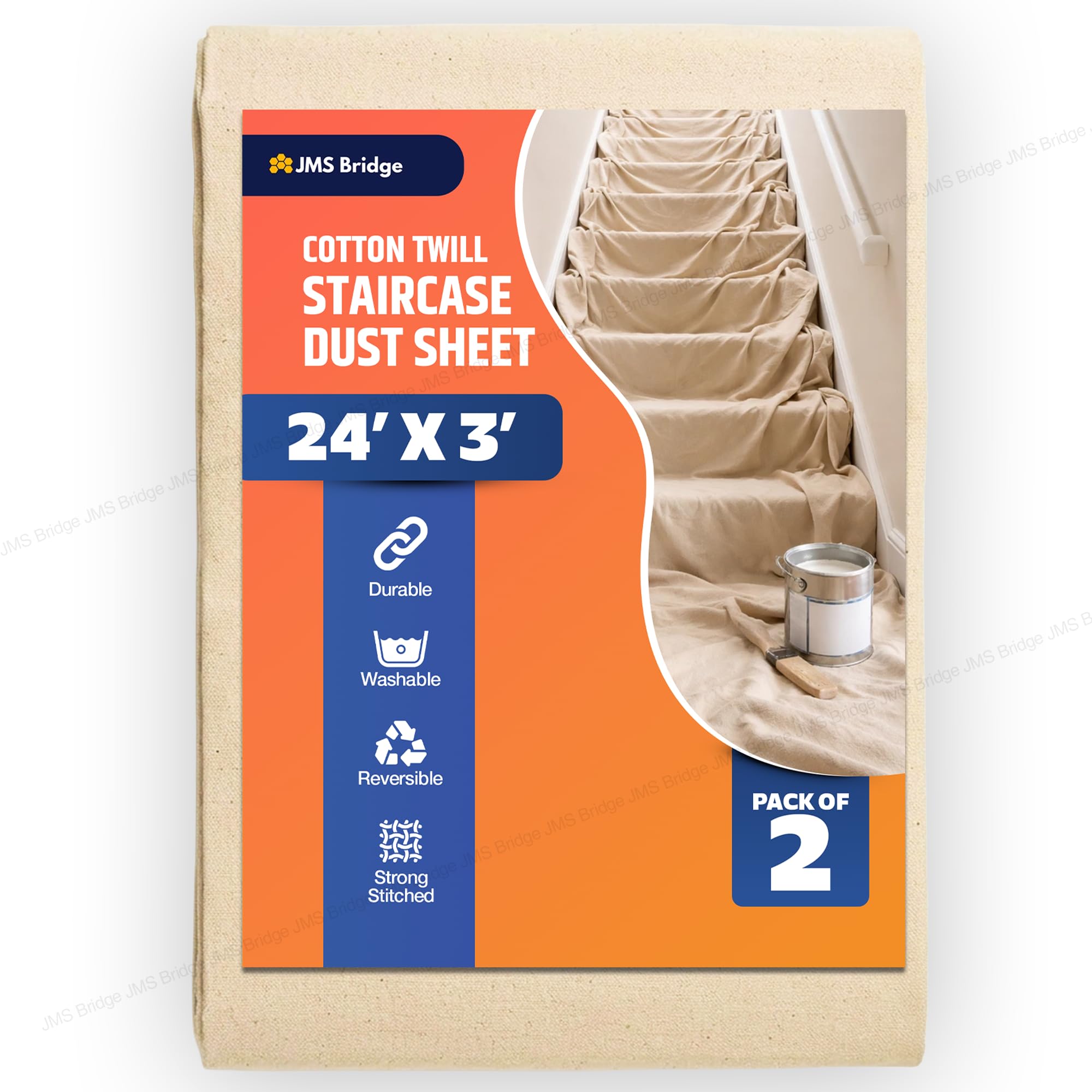 2 x Staircase Cotton Dust Sheet 24ft x 3ft – Extra Large Cotton Twill Runner – Heavy Duty Washable & Reusable Drop Cloth Protector for Painting, Decorating, Floors, Corridors & Home Renovation — image 1