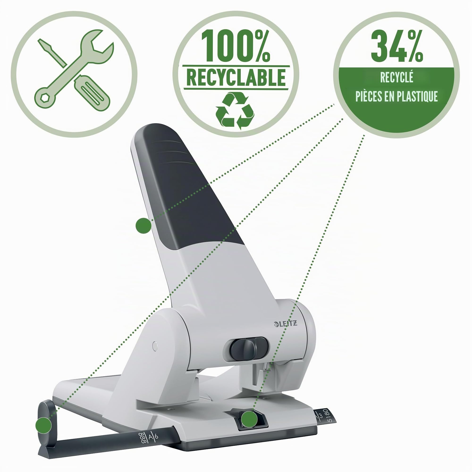 Leitz Perforatrice Gros Travaux & Sans Effort, Capacité 65 Feuilles, Noir, Métal, Réglette de Guidage avec Repères, Heavy Duty, 51800095