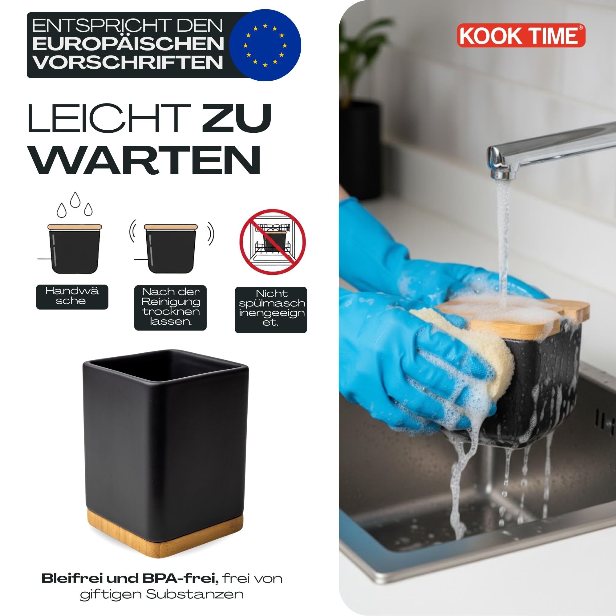 Küchenutensilienhalter - Utensilienhalter küche aus keramik und Bambus - Quadratischer küchenhelfer aufbewahrung - Schwarz - 10,5 x 10,5 x 15 cm