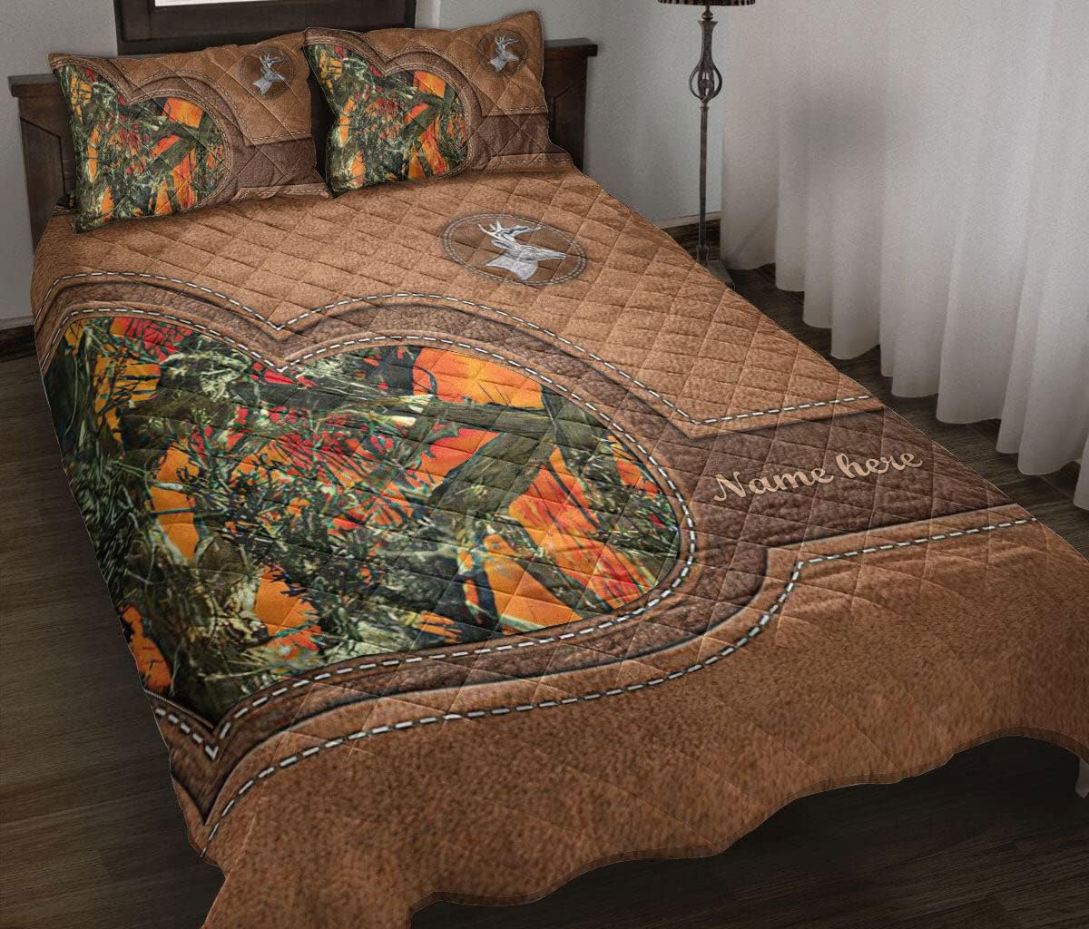 Personalized Hunting Quilt Set, Country Girl Deer Hunting Orange Deer Horn Quilt Blanket with Pillowcases, Custom Name Quilt Bedding Set MLANH1904