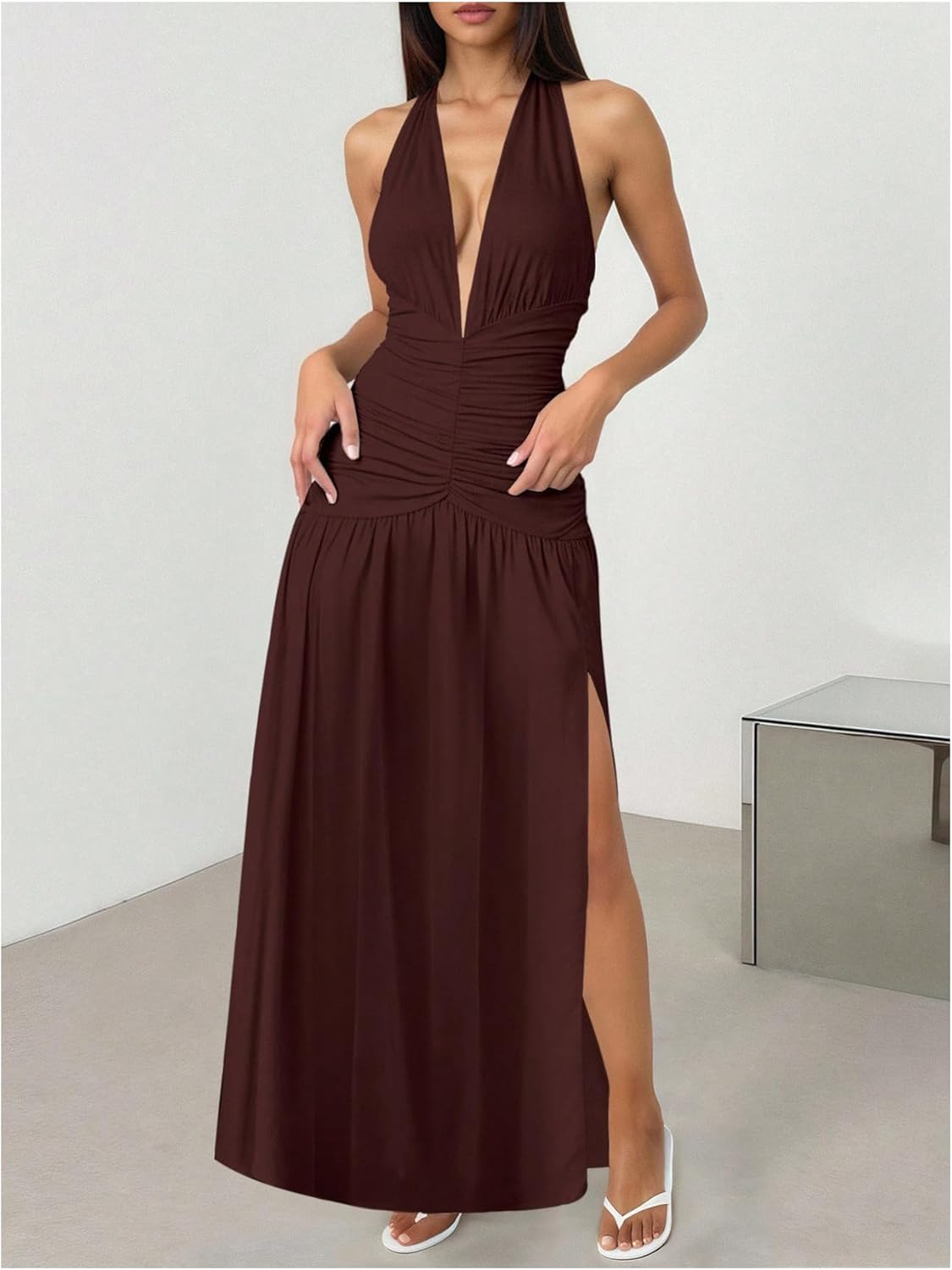 SHENHE Women's Deep V Neck High Slit Halter Dress Open Back Ruched Party Evening Maxi Dresses - Image 2