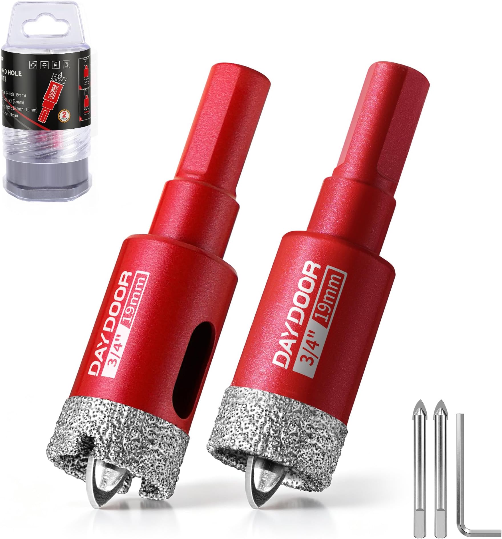 DAYDOOR 3/4" Diamond Hole Saw Bit with Pilot Drill Bit(3/8" Triangle Shank) | 2pcs 19mm Diamond Tile Core Drill Bits with Guiding Bit for Porcelain Tile Ceramic Pottery Granite Stone Glass Bottles