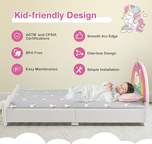 Miniatura 24 de Costzon Base de cama individual para niños, plataforma de cama individual tapizada de madera con soporte de listones, cabecera y estribo acolchados