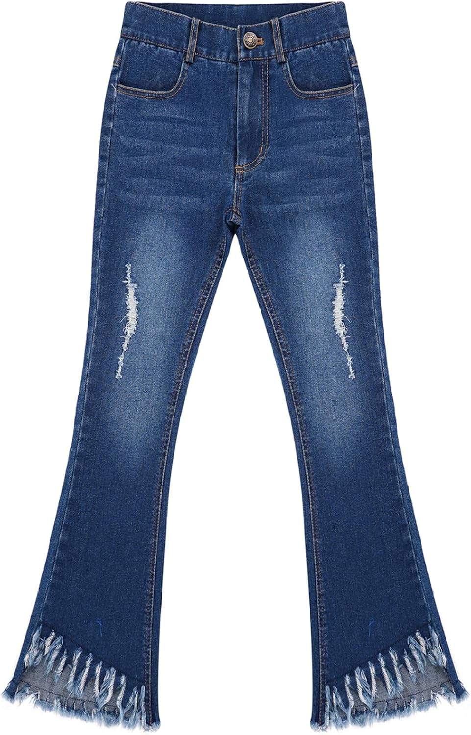 Kids Girls Casual Ripped Holes Bell Bottom Jeans Youth Washed Blue High Waist Flare Denim Pants