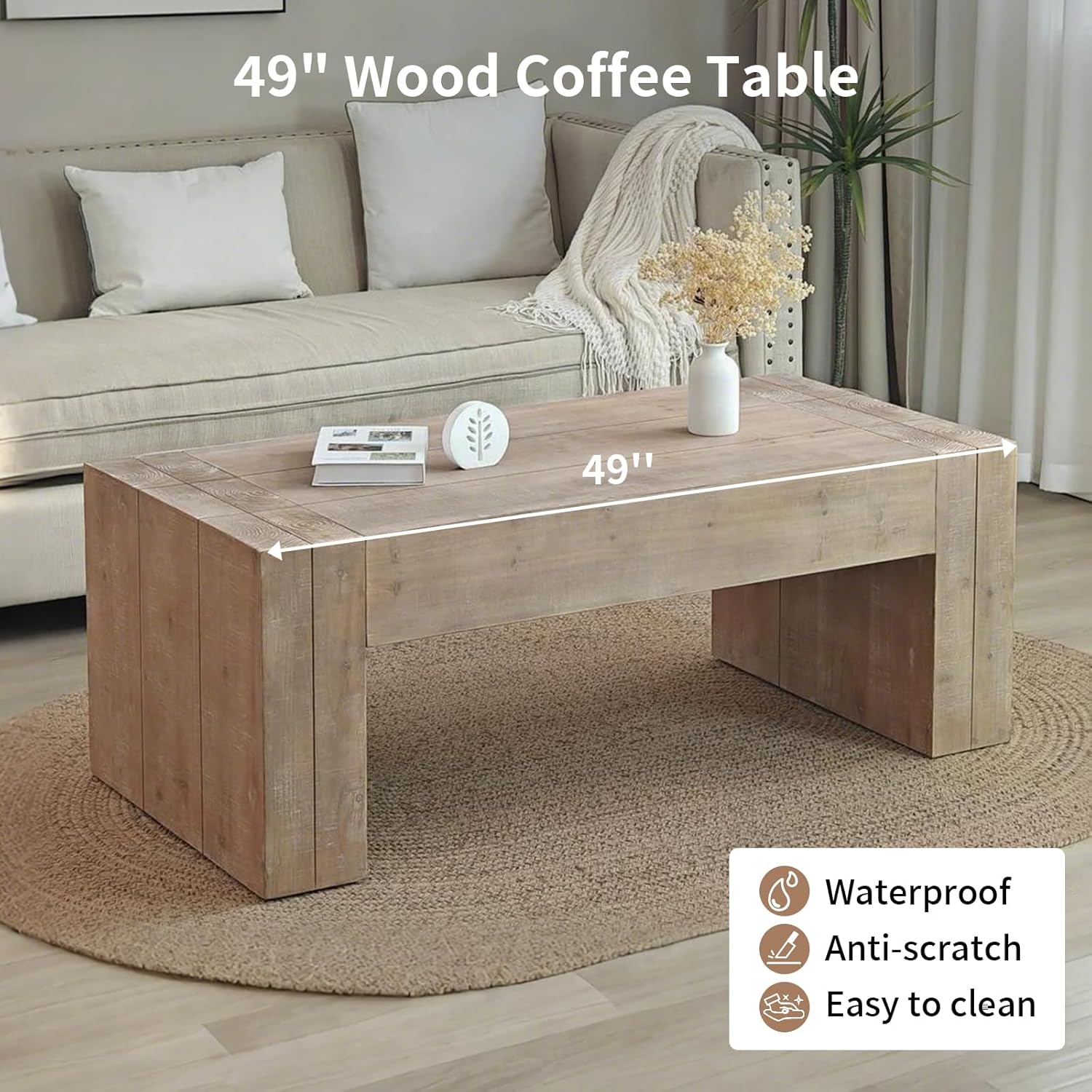 49" Wood Coffee Table, Mid Century Modern Farmhouse Wooden Coffee Tables with Distressed Wood Finish, Vintage Industrial Coffee Table with Rustic Finish for Living Room, Apartment (Natural)